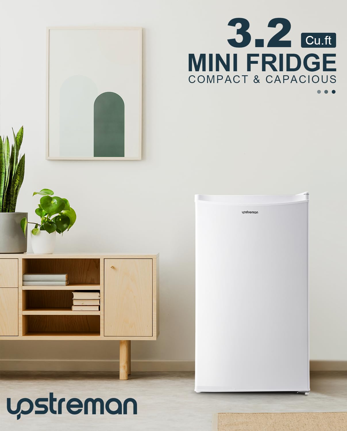 Upstreman 3.2 Cu.Ft Mini Fridge with Freezer - Compact Single Door Refrigerator with Adjustable Thermostat, Perfect for Dorm, Office, Bedroom & Small Spaces - Energy Efficient & Quiet Cooling - White (BR321) | Great for Snacks, Drinks & Personal Storage
