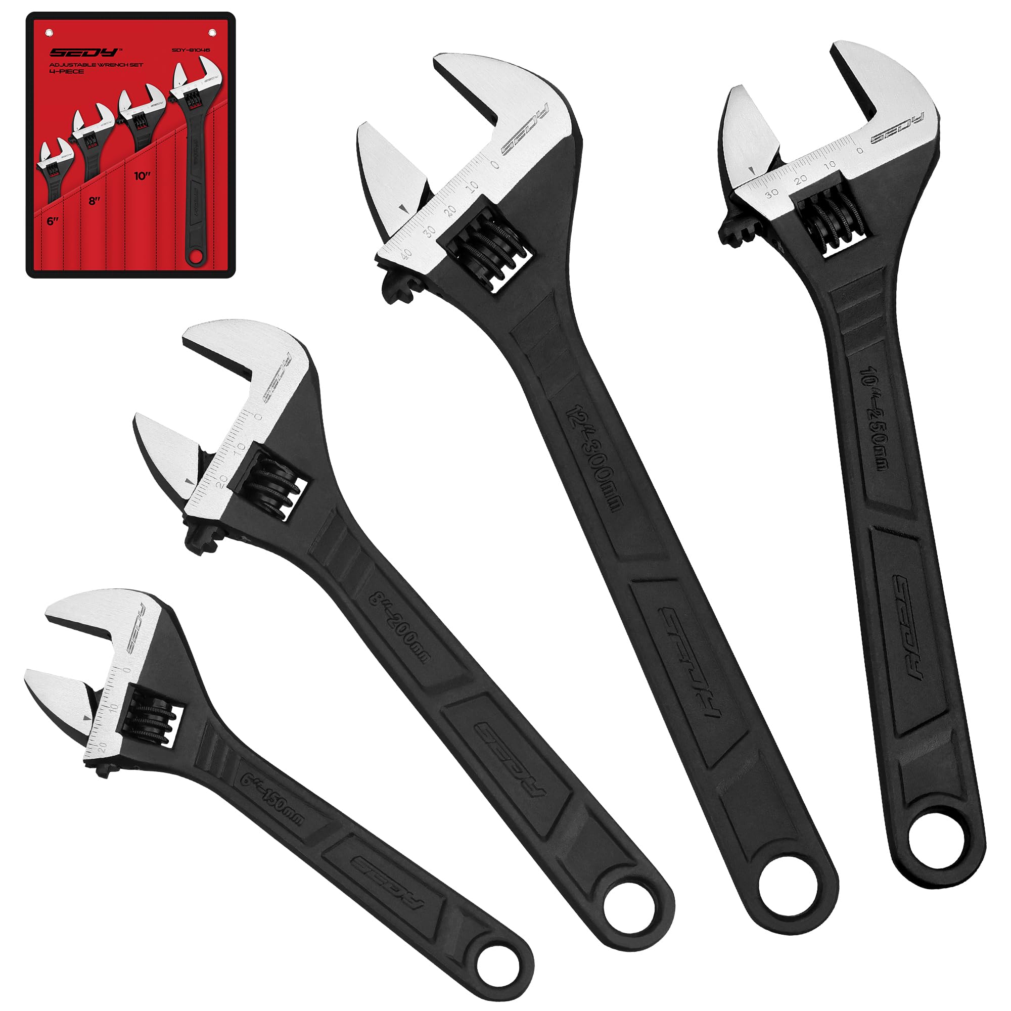 4-Piece Adjustable Wrench Set (6/8/10/12 Inch) - Chrome Vanadium Steel with Black Oxide Finish - Corrosion Resistant Tools for Automotive Repair, Plumbing & Home Maintenance - Perfect for Mechanics, DIY Projects & Household Fixes