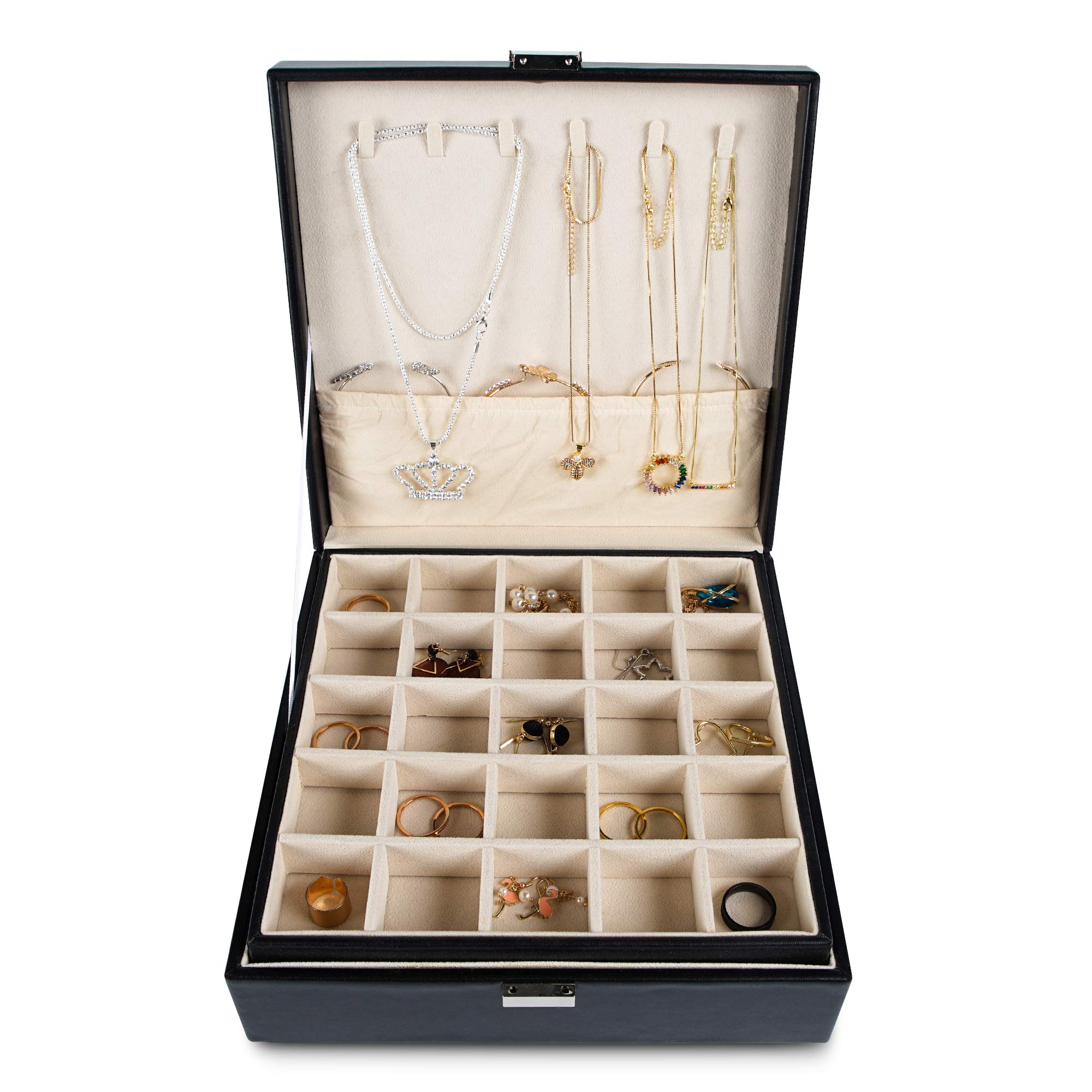 Frebeauty 50-Slot Earring Holder Organizer - 2-Layer Jewelry Storage Box for Earrings & Necklaces, PU Leather Jewelry Organizer with Display Stand (Black) | Perfect for Travel, Vanity & Closet Organization