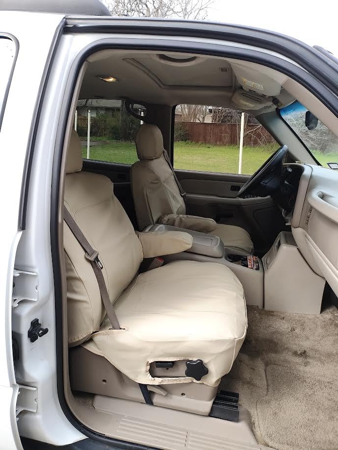 Premium Durafit Seat Covers for 2000-2002 Chevy Suburban, Tahoe & GMC Yukon - Front Captain Chairs with Side Airbags & Electric Controls - Beige Leatherette Custom Fit - Perfect for Road Trips & Daily Commutes