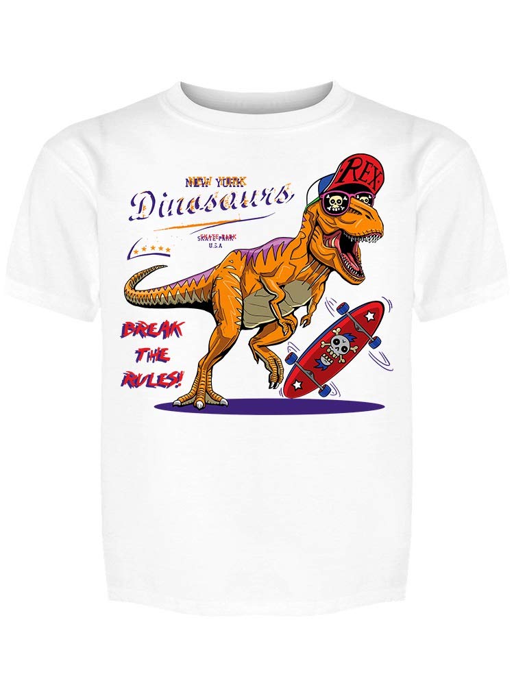 Skater Dinosaur Graphic T-Shirt - Men's White Cotton Tee with 'Break The Rules' Print | Streetwear Fashion & Skateboarding Outfit
