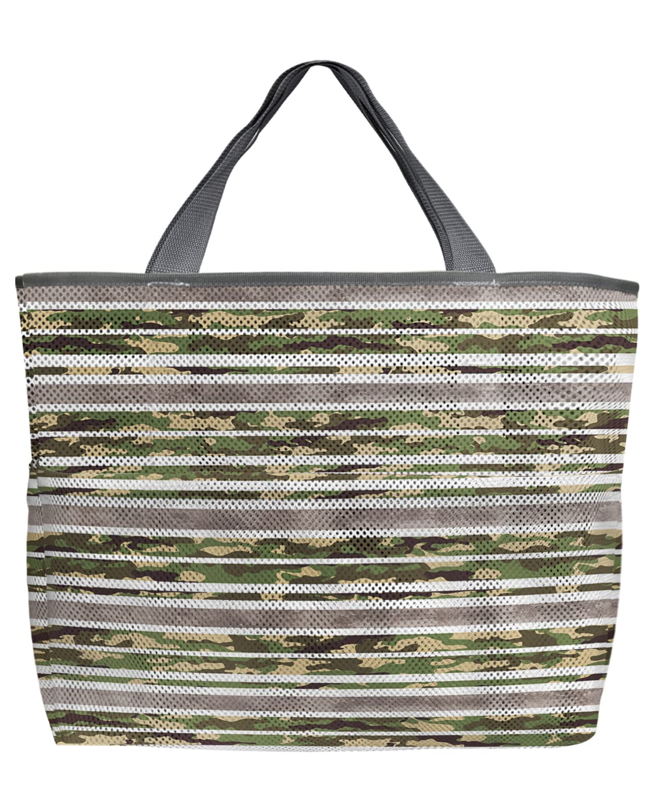 Vintage Striped Mesh Beach Tote Bag - 60L Oversized Quick-Dry Swim Bag with Pockets | Green Camouflage Retro Texture | Foldable for Beach, Pool, Grocery & Toy Storage (24