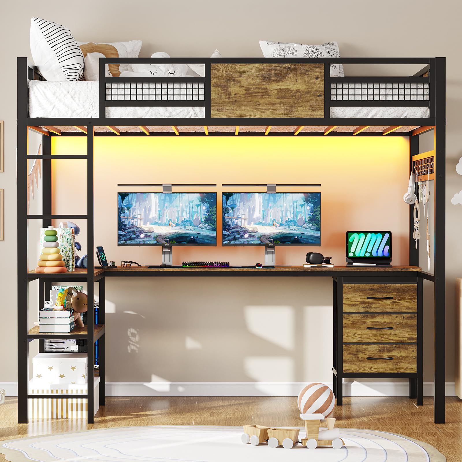Twin Loft Bed with L-Shaped Desk - Metal Twin Size Bed Frame with LED Lights & USB Charging Station, 3 Fabric Drawers & 2-Tier Storage Shelves, Safety Guard Rail & Ladder - Space Saving Kids/Teens Bed for Small Rooms, Dorms & Apartments (No Box Spring Needed)