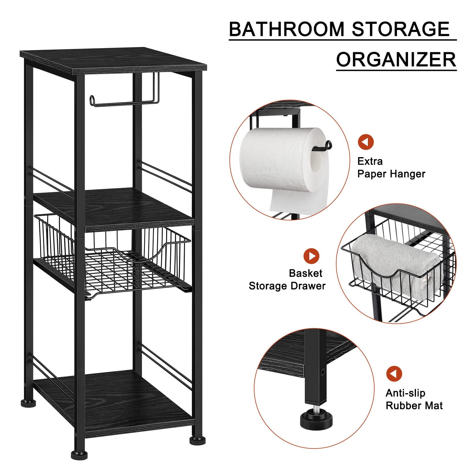 OYEAL Black Narrow Bathroom Storage Cabinet with Drawer - Toilet Paper Organizer, Towel Shelf for Small Spaces - Perfect for Bathroom, Laundry Room & Kitchen Pantry Organization (Black)