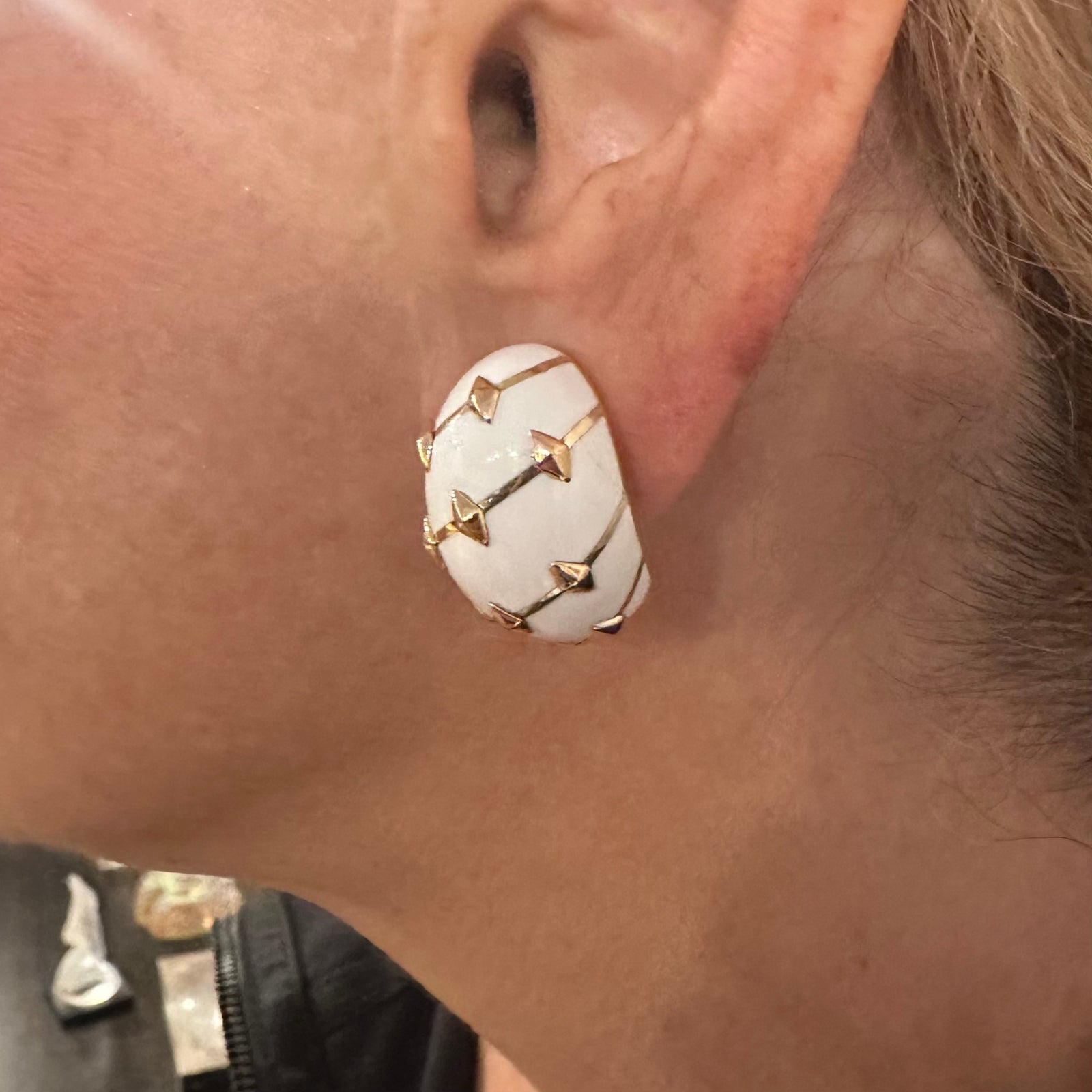 Tiffany & Co Schlumberger Dot Losange 18k Yellow Gold White Enamel Hoop Earrings | Luxury Designer Jewelry for Women | Perfect for Parties, Weddings & Special Occasions