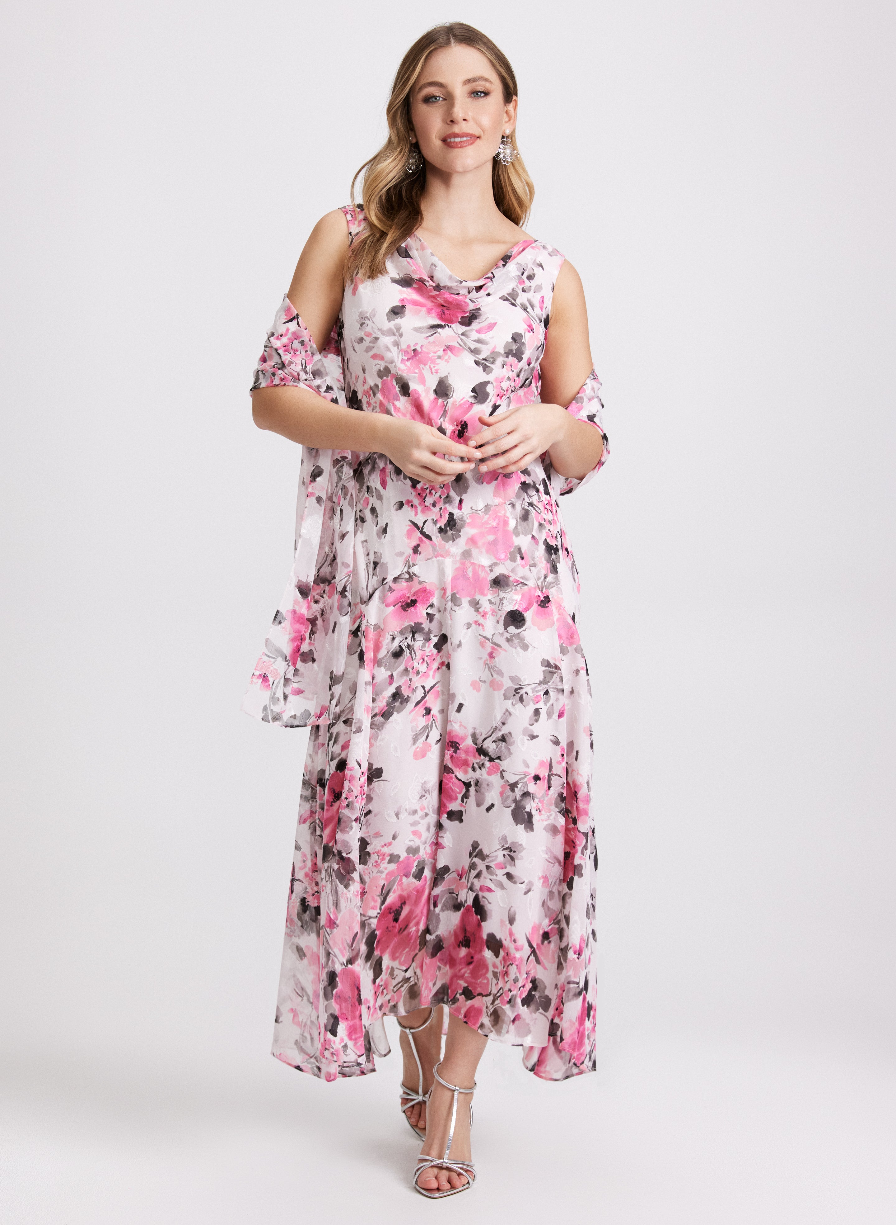 Floral Print Shawl & Dress - Elegant Womens Fashion Scarf & Dress Set for Spring Summer - Perfect for Weddings, Parties & Beach Outings