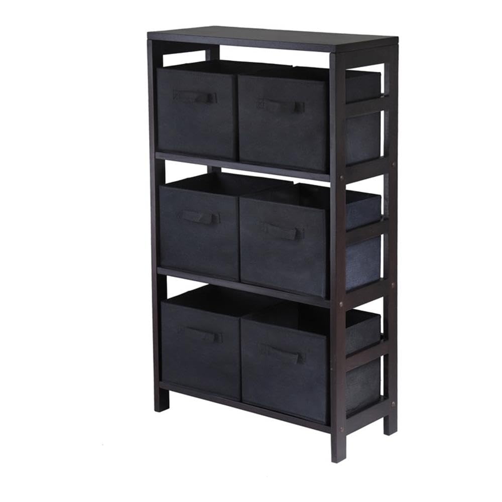 Winsome Wood Capri 3-Tier Storage Shelf with 6 Black Fabric Baskets - Foldable Organizer for Bedroom, Bathroom, or Closet - Perfect for Home Organization and Space Saving