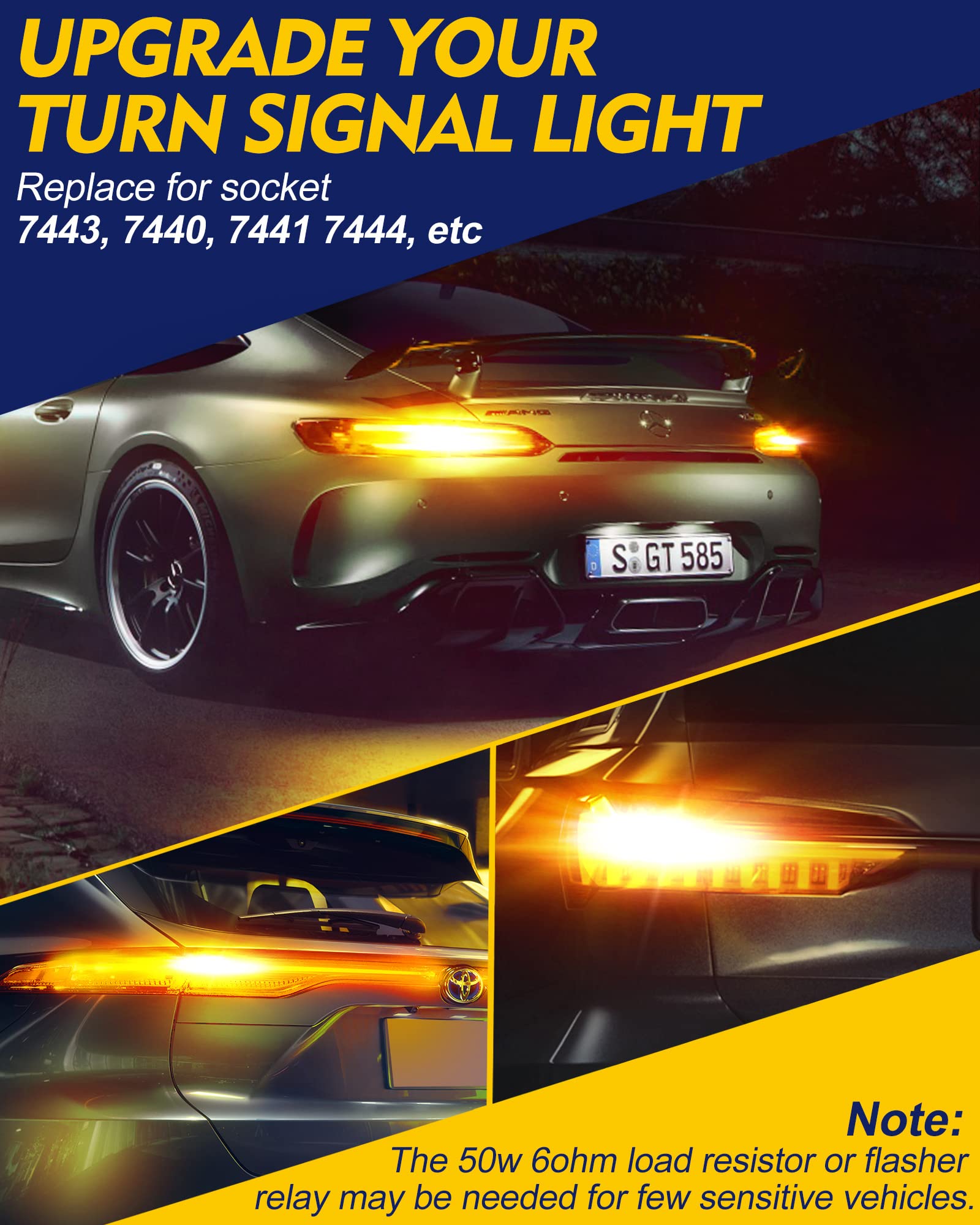 Amber Yellow 7440 7443 LED Bulbs for Turn Signal Lights - 7441 7444 T20 W21W LED Replacement Bulbs for Side Marker & Brake Blinker Lights (Pack of 2) - Perfect for Car, Truck, Motorcycle & RV Lighting Upgrades