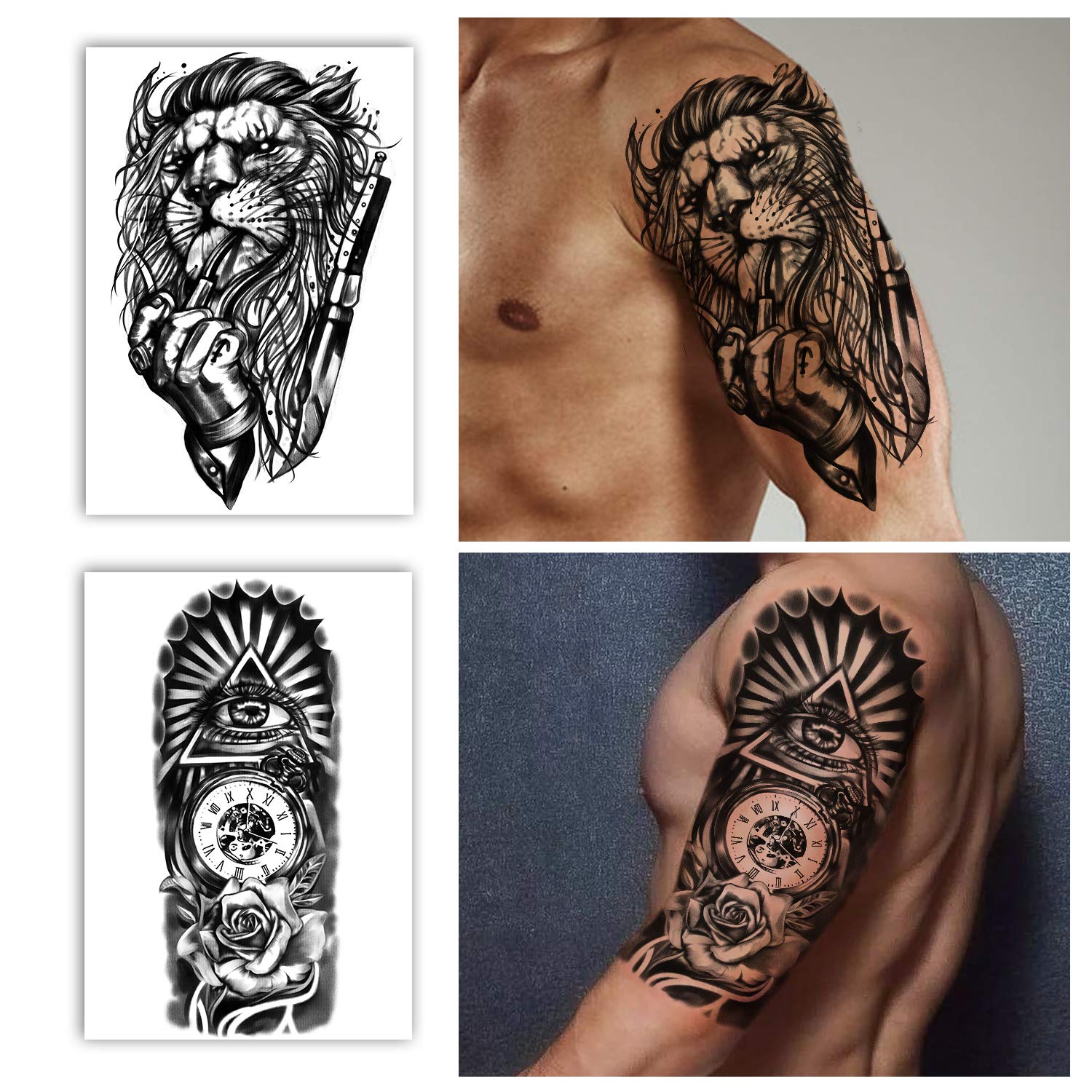 Premium Full & Half Arm Temporary Tattoos - 16 Sheets (8 Full Arm + 8 Shoulder) Waterproof Fake Tattoo Stickers for Men & Women - Extra Large 22.83