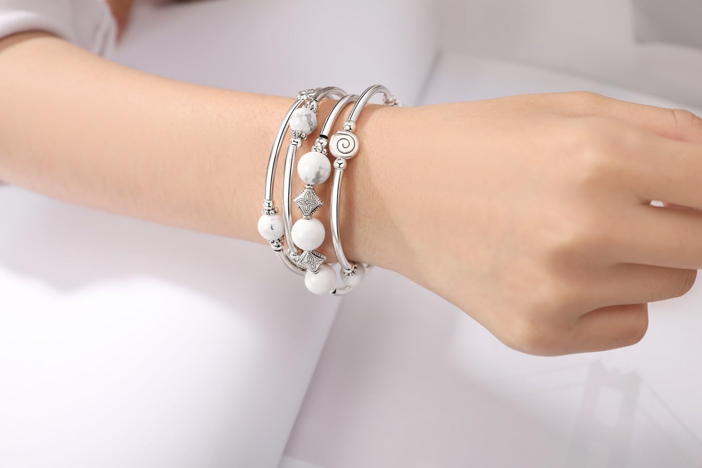Silver Bangle Bracelet for Women - Elegant Layered Crystal Beaded Stretch Bracelet 8mm, Anxiety Relief Jewelry Gift for Her - Perfect for Parties, Weddings, and Everyday Wear