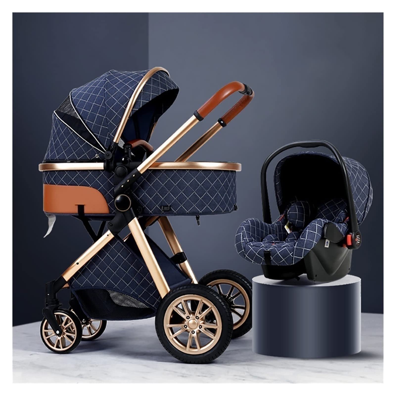 Upgraded Baby Stroller with Bassinet Combo - Foldable Luxury Infant Carriage with Anti-Shock Springs & High View Pram - Includes Baby Basket (Blue) | Perfect for Newborns, Shopping & Outdoor Walks