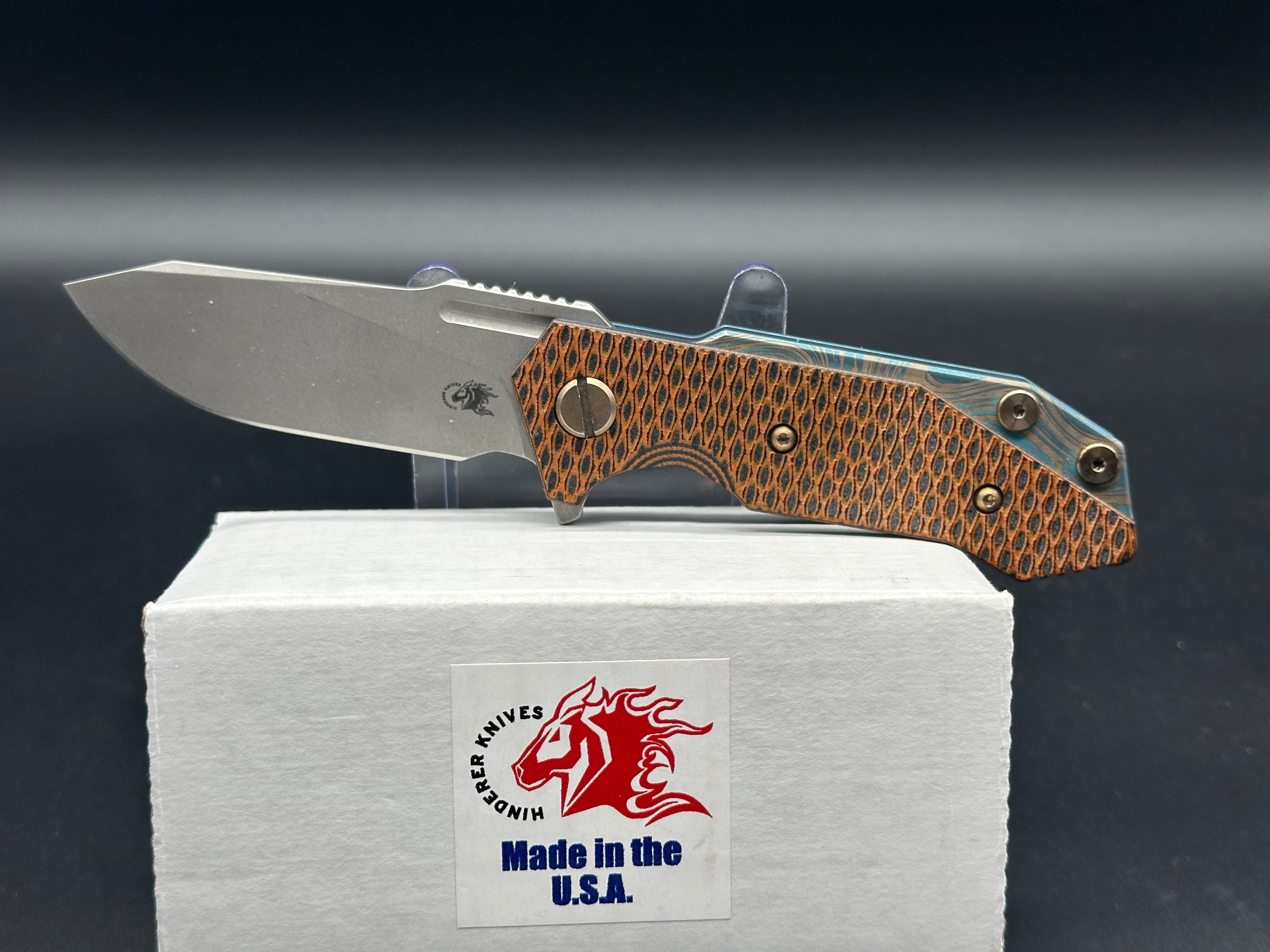 Hinderer Half Track Folding Knife - Tri-Way Pivot, Titanium Frame, Orange/Black G10 Scale - EDC, Outdoor, Tactical & Survival Knife for Camping, Hiking & Everyday Carry