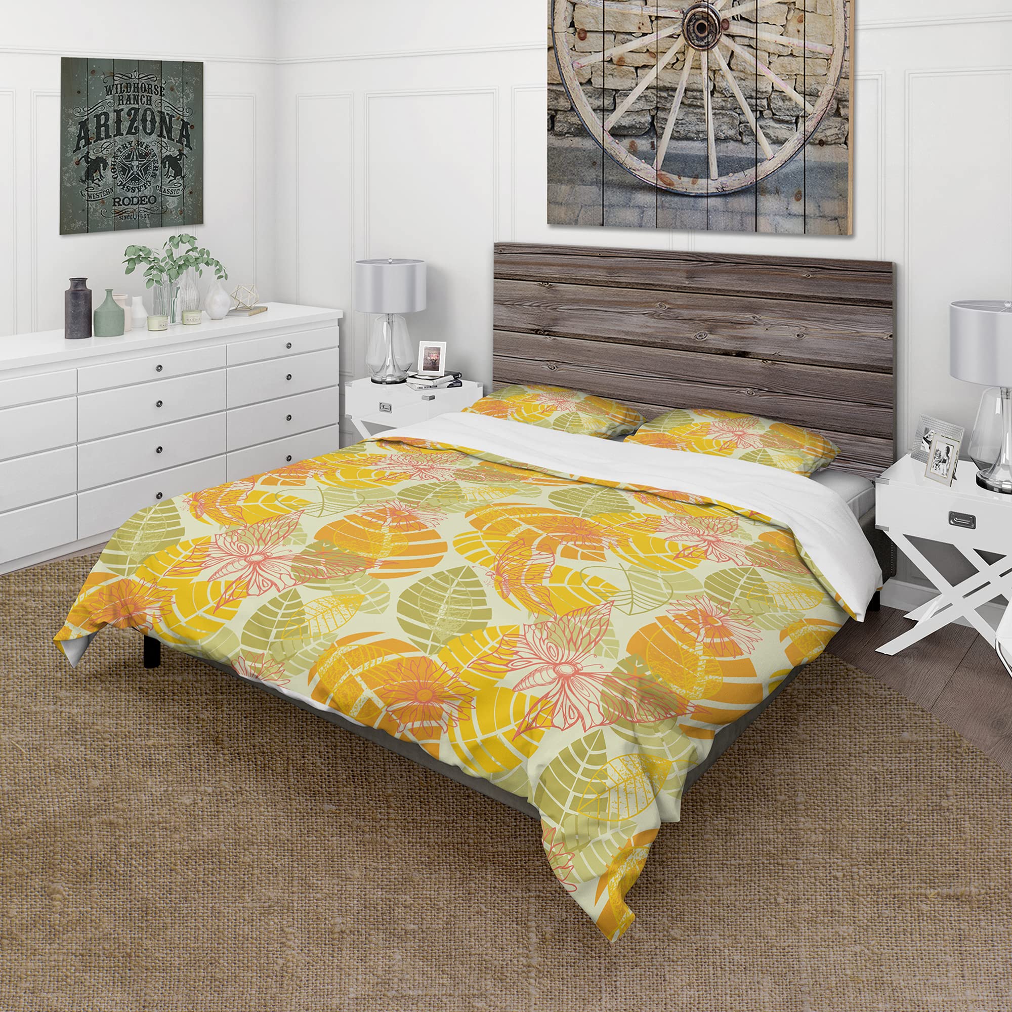 DesignQ 'Summer Butterfly & Colorful Leaves' Abstract Duvet Cover Set - Queen Size Bedding with Pillow Shams - Vibrant Bohemian Style for Bedroom Decor & Guest Room Makeover
