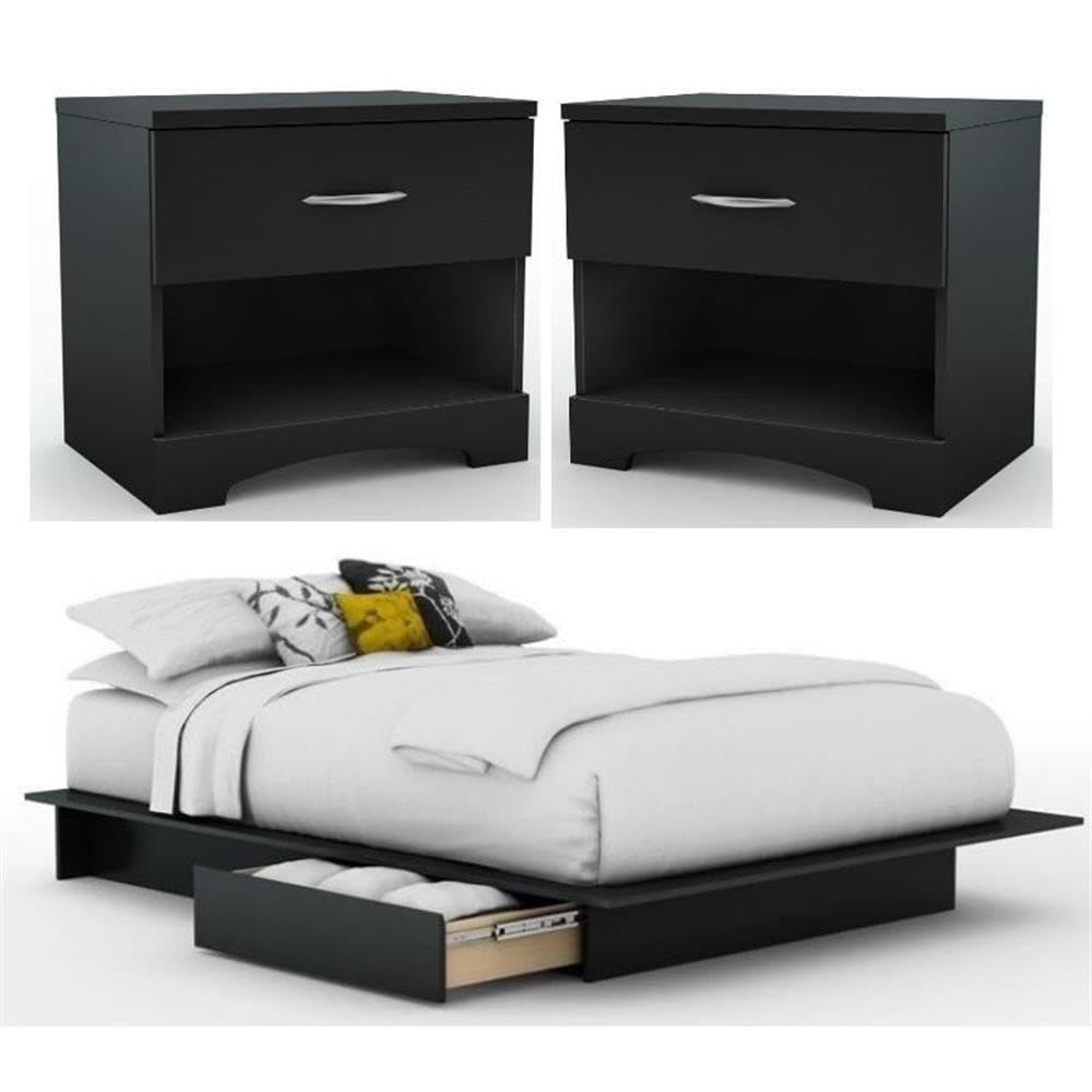 Home Square 3-Piece Bedroom Set - 2-Drawer Storage Platform Bed Frame & 2 Nightstands for Modern Bedroom Furniture | Space-Saving Design for Small Rooms & Apartments