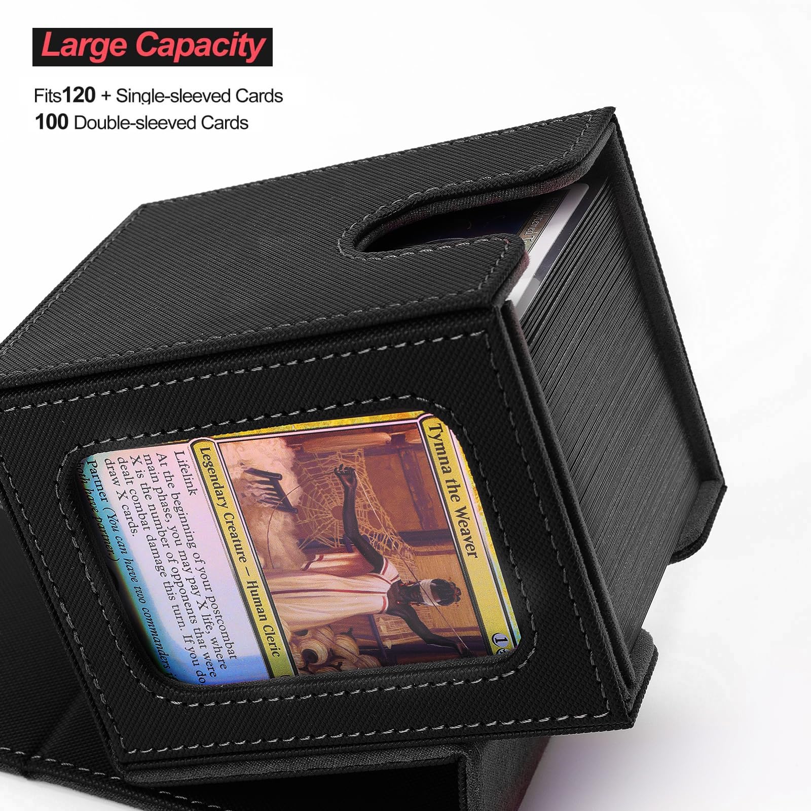 Premium MTG Commander Deck Box - Holds 100 Double Sleeved Cards with 2 Dividers & Toploader - Durable TCG Card Storage Case (Black) - Perfect for Magic: The Gathering Tournaments & Card Collection Display