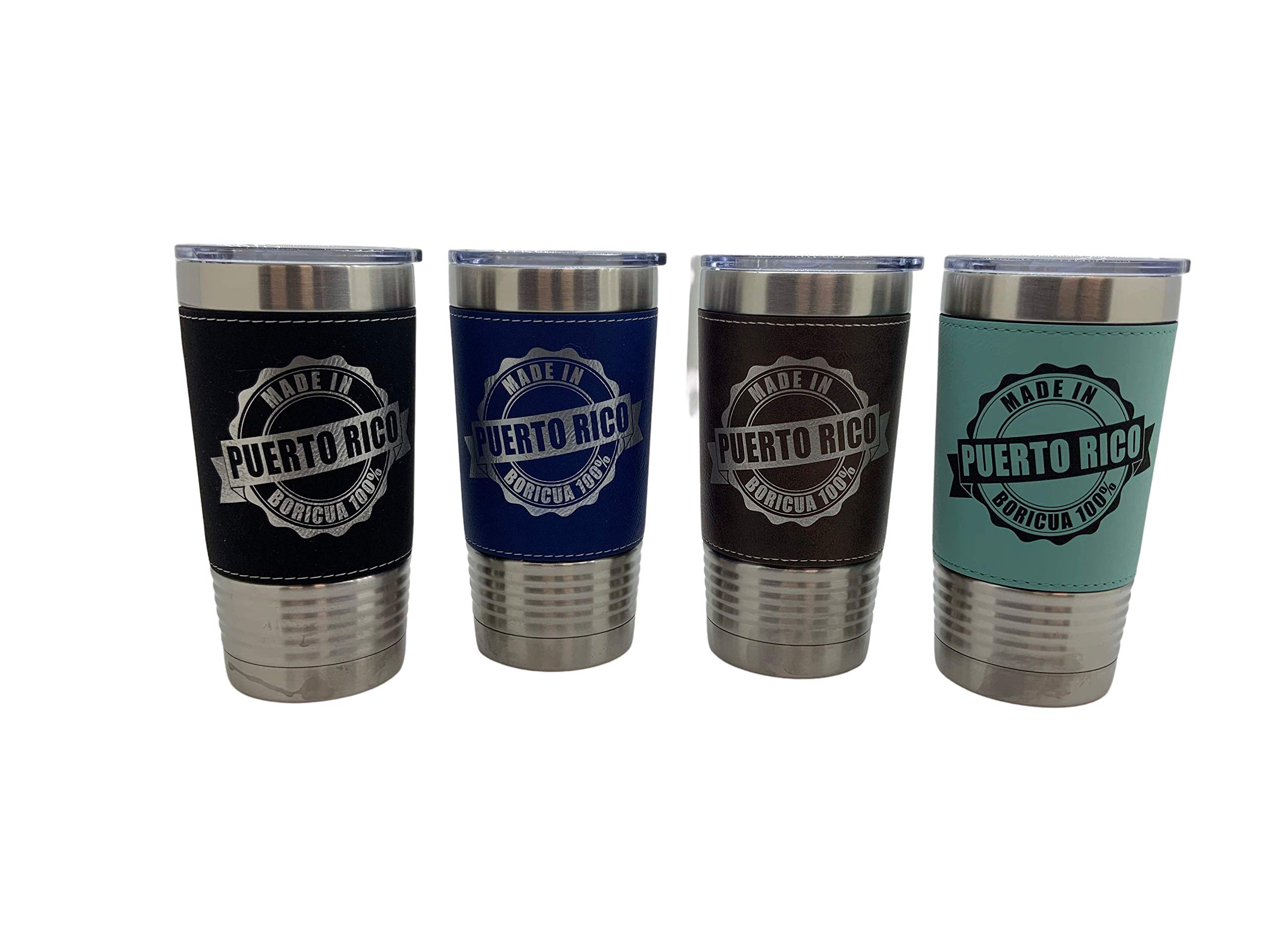 Puerto Rico Boricua 20oz Stainless Steel Vacuum Insulated Tumbler with Leather Wrap - Leakproof Travel Mug for Coffee & Tea, Perfect for Commuting, Camping & Office (Blue)