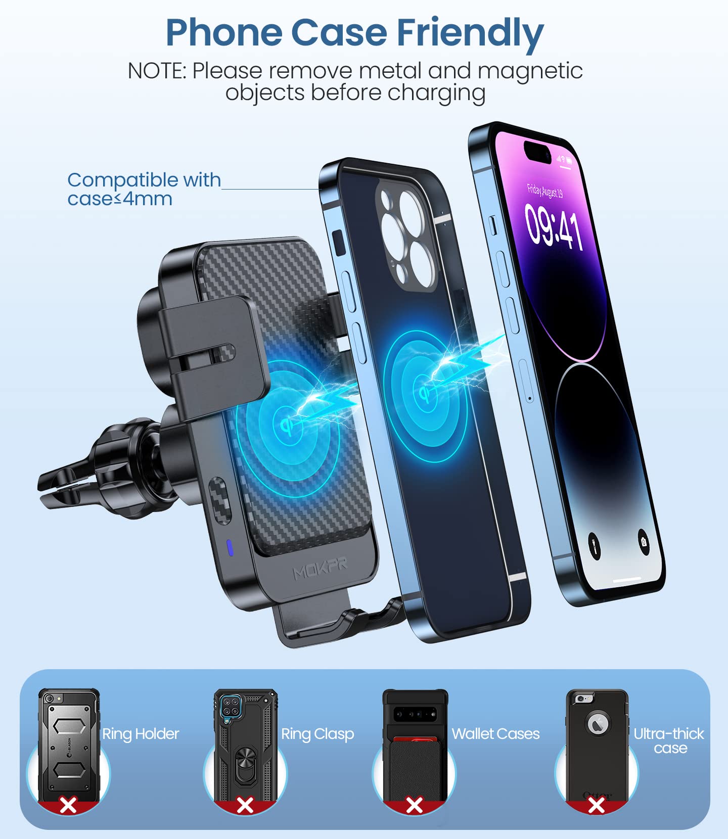 MOKPR 15W Fast Wireless Car Charger - Auto-Clamping Universal Car Mount for iPhone 16/15/14/13/12, Samsung S23/S22/S21 - Hands-Free Charging for Dashboard, Windshield & Air Vent - Perfect for Commuting, Road Trips & GPS Navigation