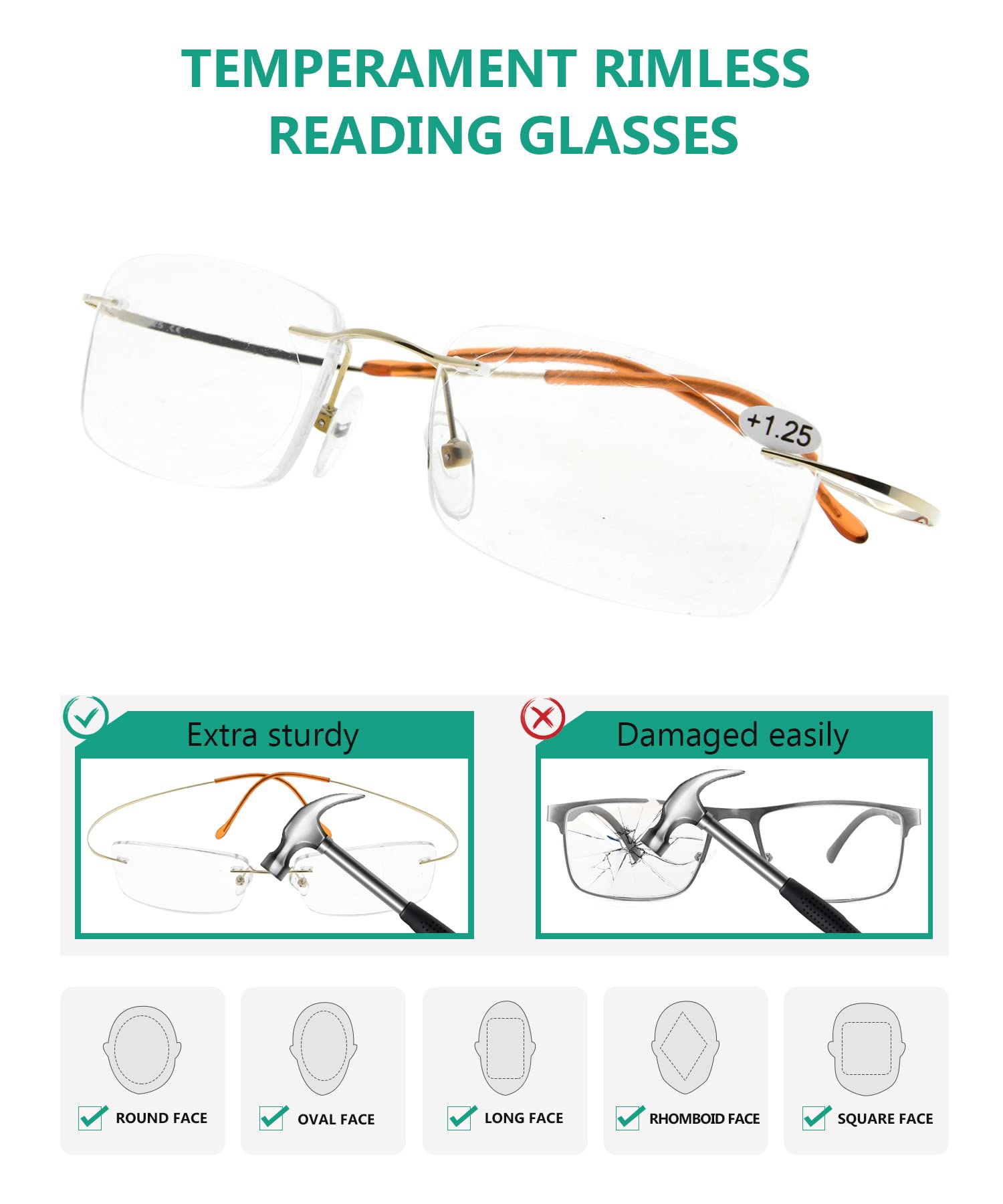 Titanium Rimless Reading Glasses for Men +1.25 Strength - Lightweight Gold Frame Readers for Reading, Office & Travel