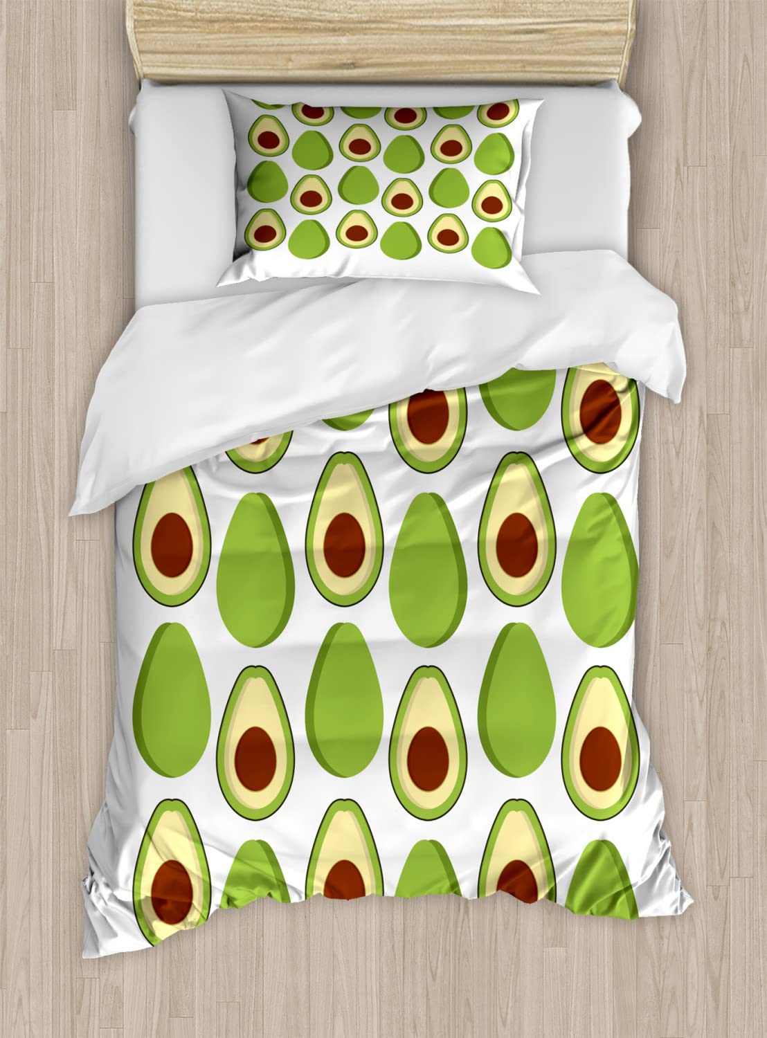 Ambesonne Avocado Duvet Cover Set - 2 Pack Twin Size, Green Brown & Pale Yellow Cartoon Fruit Design, Summer Themed Bedding with 2 Pillowcases | Perfect for Kids' Rooms, Dorm Decor, and Fun Themed Bedrooms