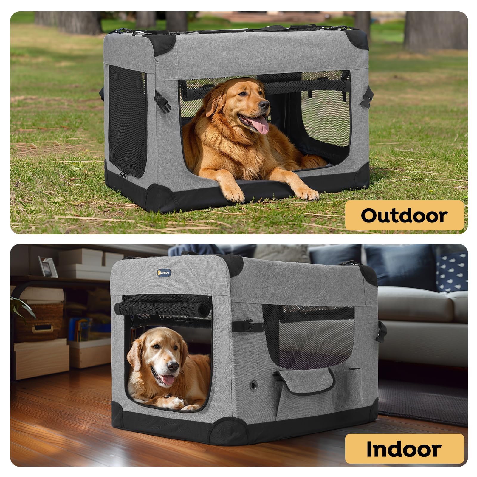 **Veehoo 36-Inch Folding Soft Dog Crate – 4-Door Portable Collapsible Pet Kennel for Large Dogs – 5 Durable Mesh Screens & 600D Oxford Fabric – Indoor & Outdoor Use – Grey (CWB2428CP) – Perfect for Travel, Camping & Home**