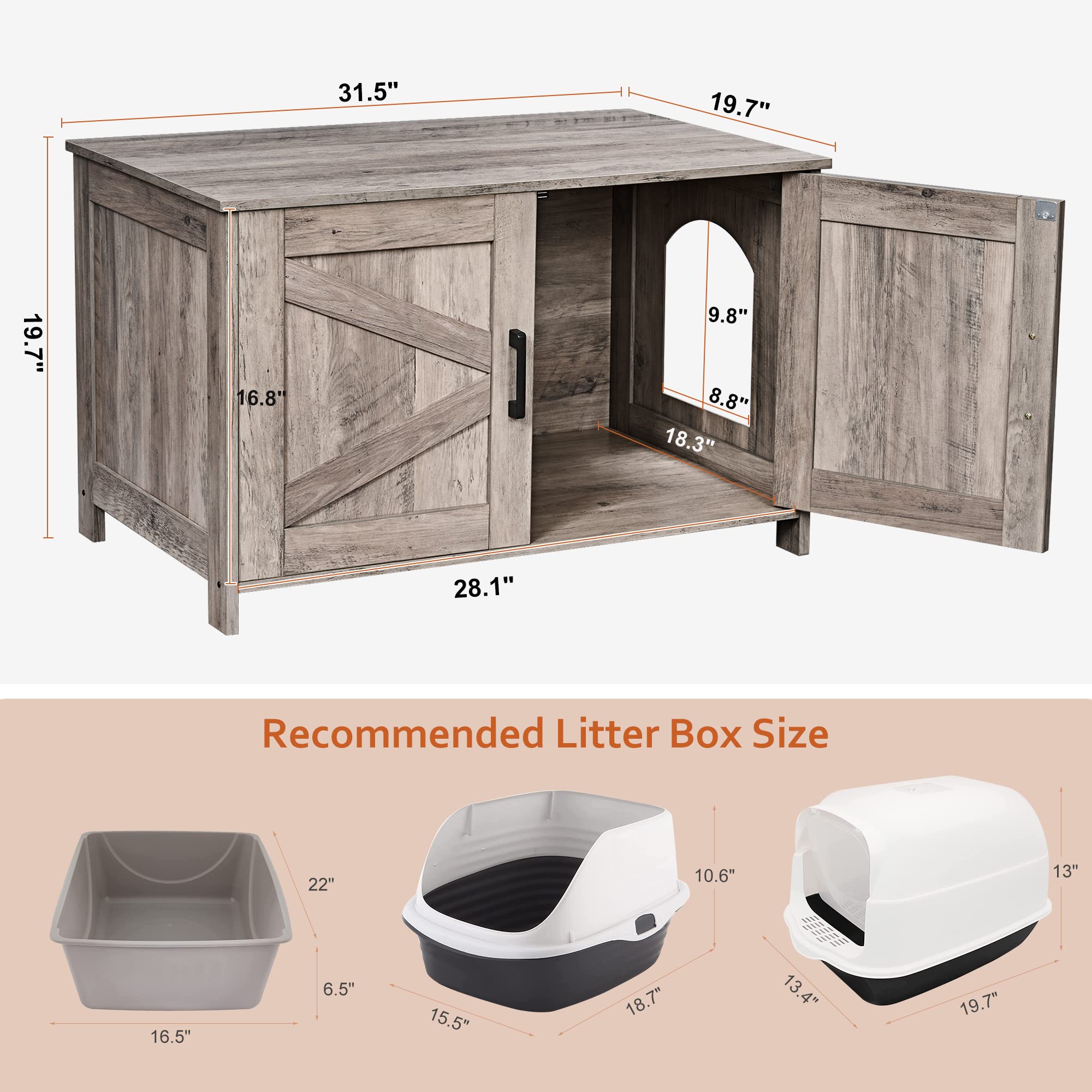Homhedy Wooden Cat Litter Box Enclosure - Modern Cat Washroom Furniture with Barn Door | Fits Most Litter Boxes | Greige Finish | Perfect for Small Spaces & Home Decor