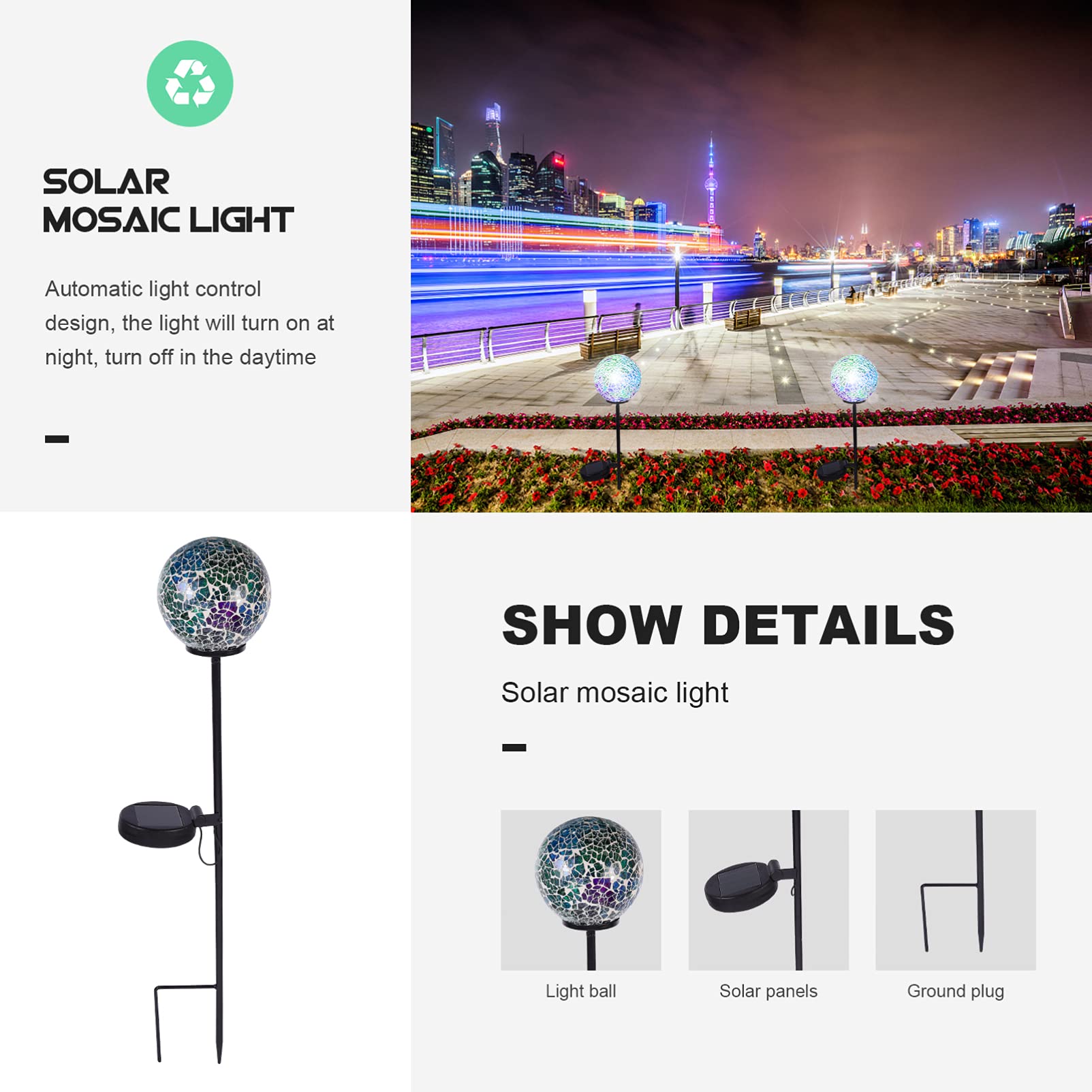 Uonlytech Solar Mosaic Glass Ball Light - Waterproof Outdoor Decorative Lamp for Garden, Lawn & Patio | Solar Powered Landscape Lighting for Pathways, Yards & Outdoor Decor
