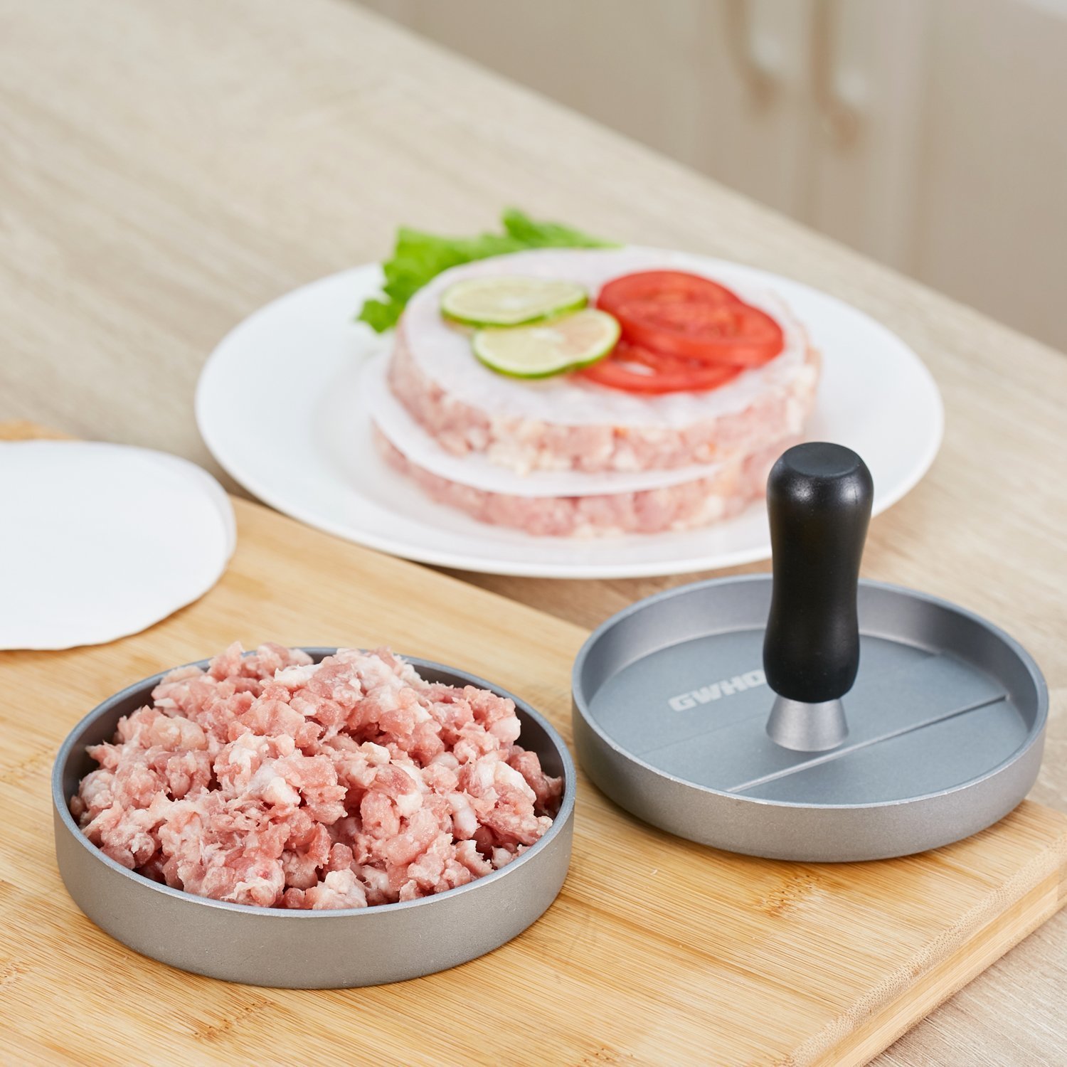 GWHOLE Non-Stick Hamburger Press Maker with 100 Wax Discs - Perfect for BBQ, Grilling, and Homemade Burgers - Ideal for Backyard Parties, Camping, and Outdoor Cooking