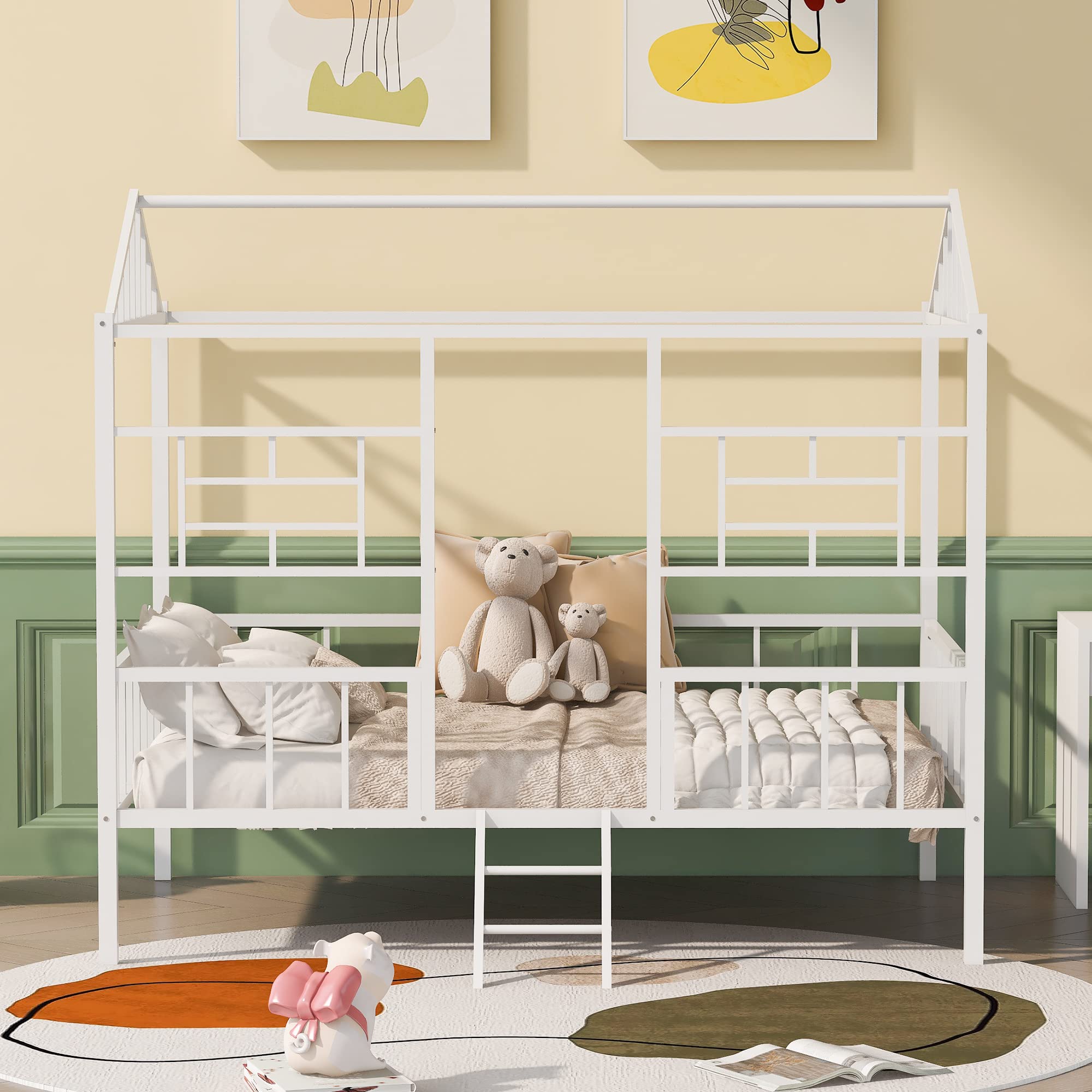 MERITLINE Full House Bed Frame - Metal Platform Bed with House Shape Design for Kids & Teens - Sturdy & Safe for Boys & Girls - White - Perfect for Bedrooms, Playrooms & Sleepovers