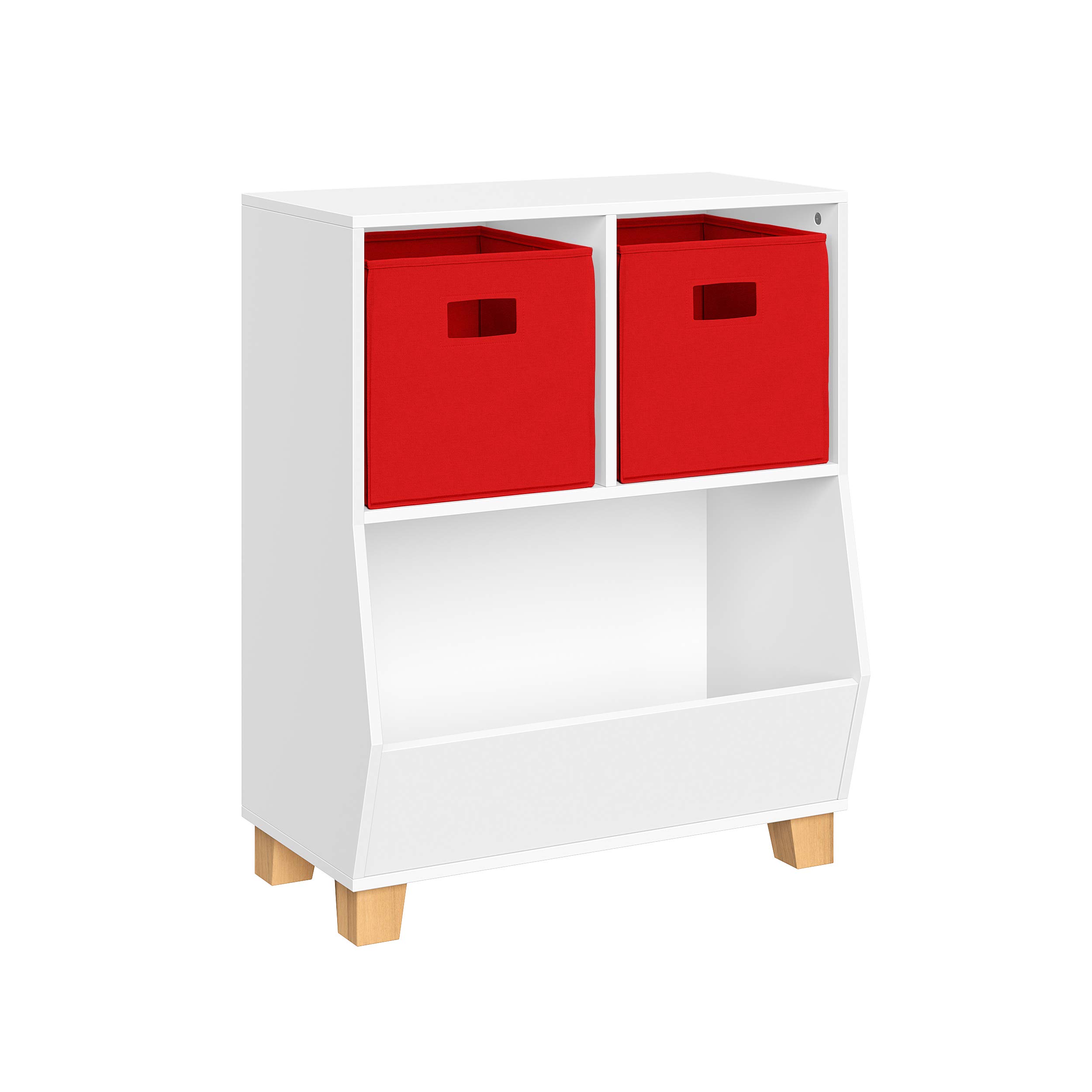 RiverRidge Kids Bookshelf Toy Storage Organizer - White Playroom Organizer with 2 Cubbies & 2 Folding Red Fabric Bins - Spacious Toy Bin for Nursery, Classroom, or Kids Bedroom Organization