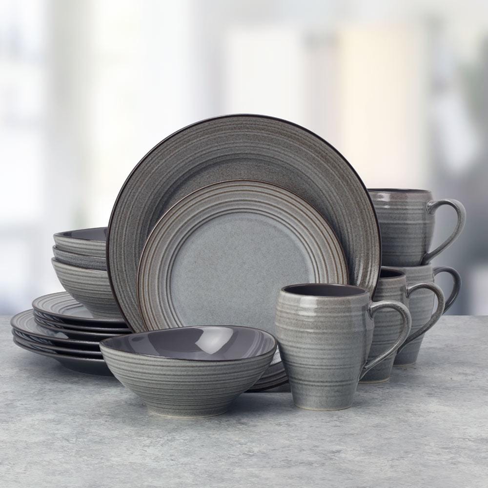 Swirl Speckle Graphite 16-Piece Dinnerware Set - Service for 4 - Elegant Stoneware Plates, Bowls & Mugs - Perfect for Family Dinners, Entertaining Guests & Restaurant-Style Dining