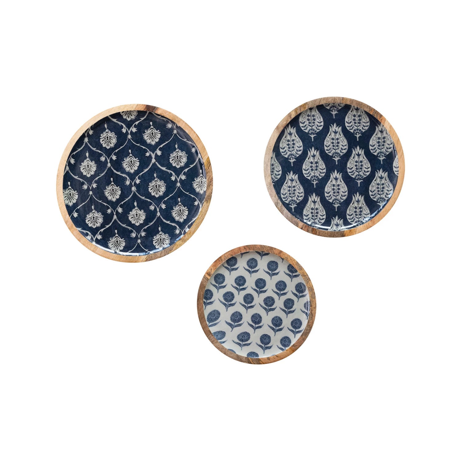 Blue & White Mango Wood Serving Tray Set - Handcrafted Decorative Wooden Tray for Dining, Coffee Table, Vanity & Home Decor - Eco-Friendly Kitchen & Living Room Accessories