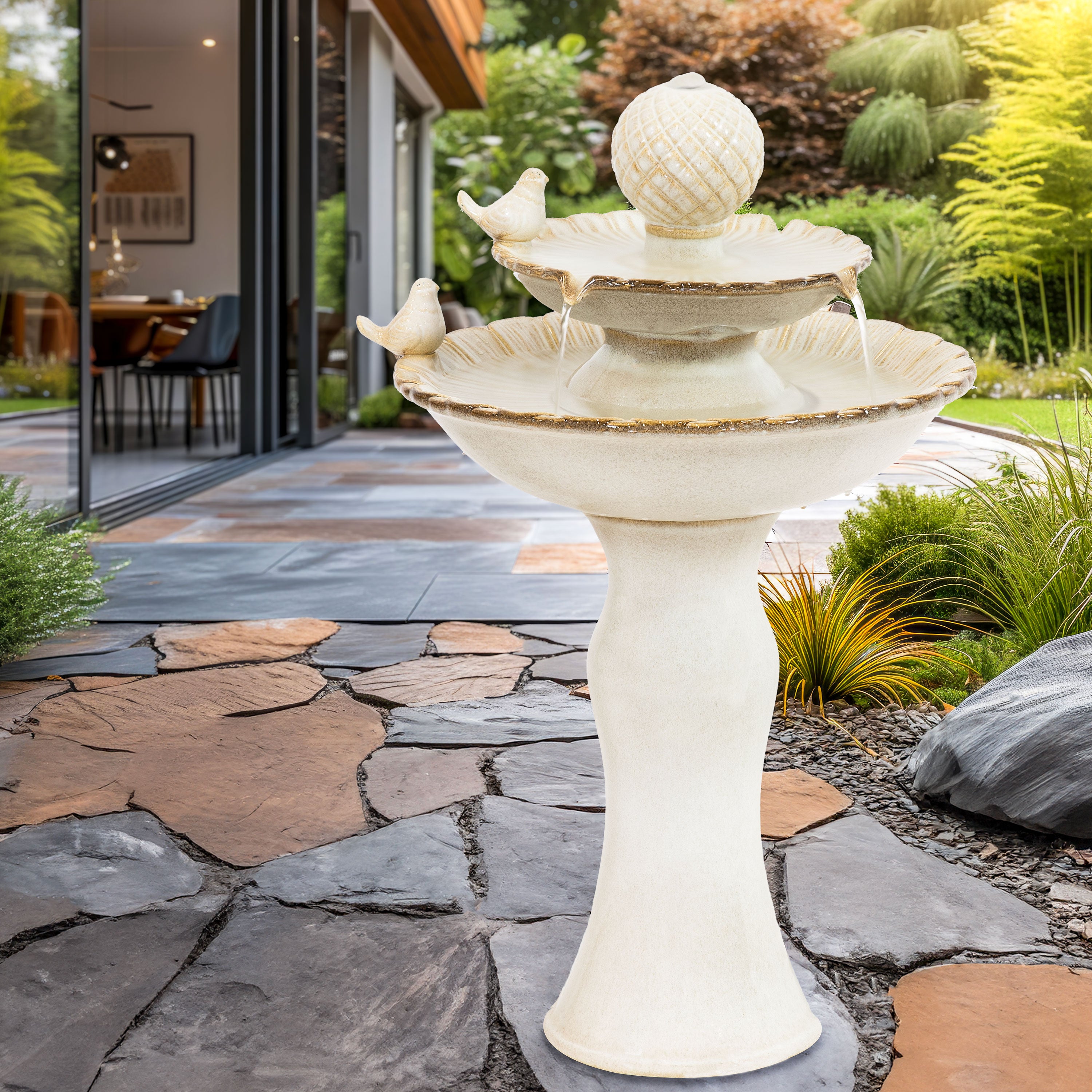 Sunnydaze 2-Tier Ceramic Outdoor Water Fountain with Resting Birds - 27 Inch Garden Decor for Patio, Yard & Backyard - Relaxing Water Feature for Outdoor Spaces
