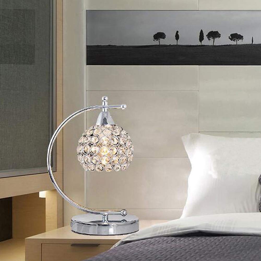 Modern Crystal Table Lamp - Plug in Bedside Lamp with Chrome Silver Finish, E27 Socket & On/Off Switch - Perfect for Nightstand, Desk, Bedroom, Living Room, Office, Dining Room & Hotel Decor
