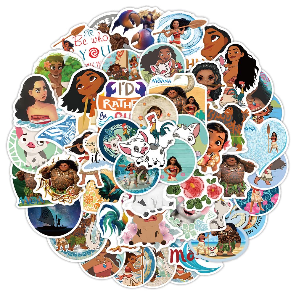 50 PCS Moana Cartoon Movie Vinyl Stickers - Waterproof Aesthetic Decals for Water Bottles, Laptops, Suitcases, Skateboards & Cars - Perfect Gift for Disney Fans & Kids - Great for School, Travel & Home Decor