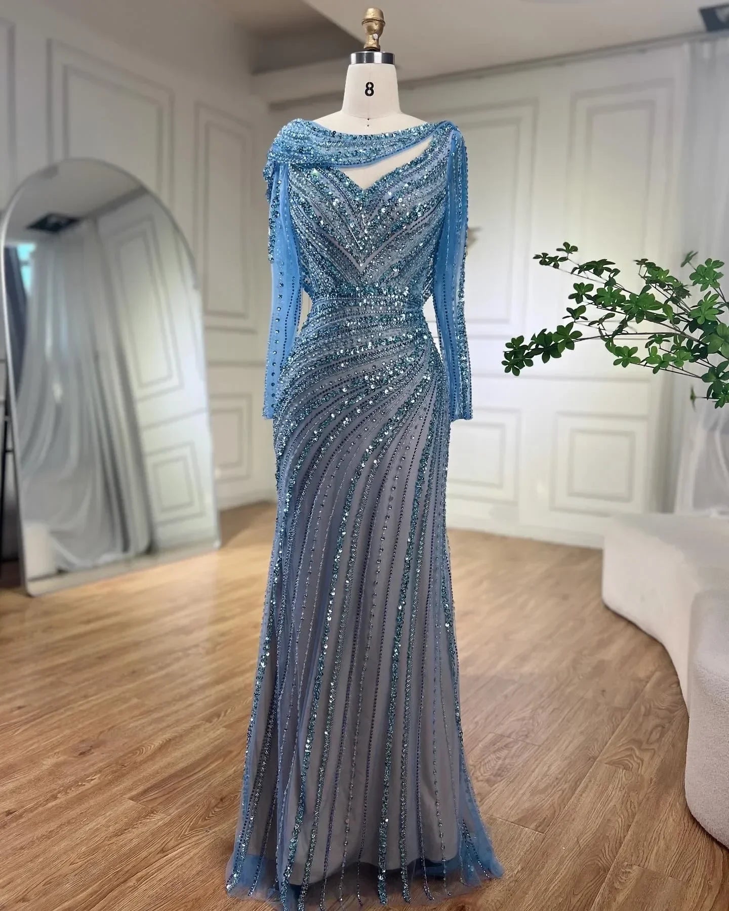 Elegant Silver Mermaid Evening Dress with High Slit & Beaded Details - Luxury Women's Party Gown for Prom, Wedding & Formal Events - Serene Hill Collection LA70752L