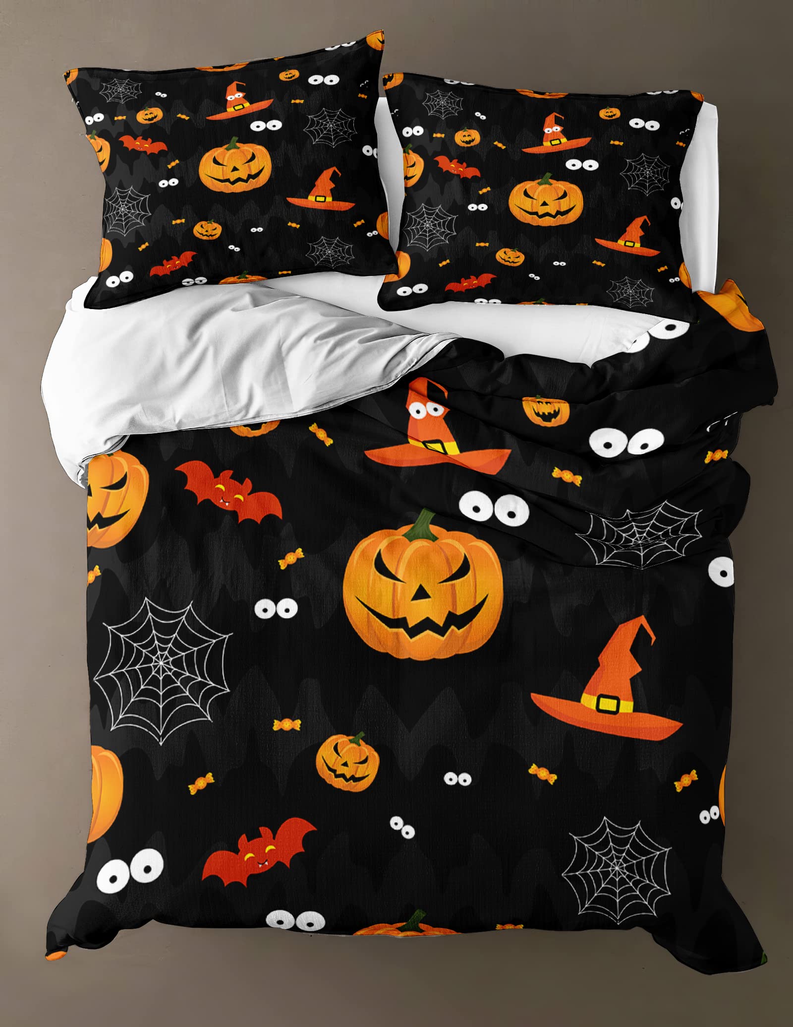 Spooky Halloween Bedding Set - Cartoon Pumpkin Duvet Cover with Bat, Spider Web & Witch Hat Design | Full Size Kids Bedroom Decor for Boys | Perfect for Halloween Parties & Themed Room Decor