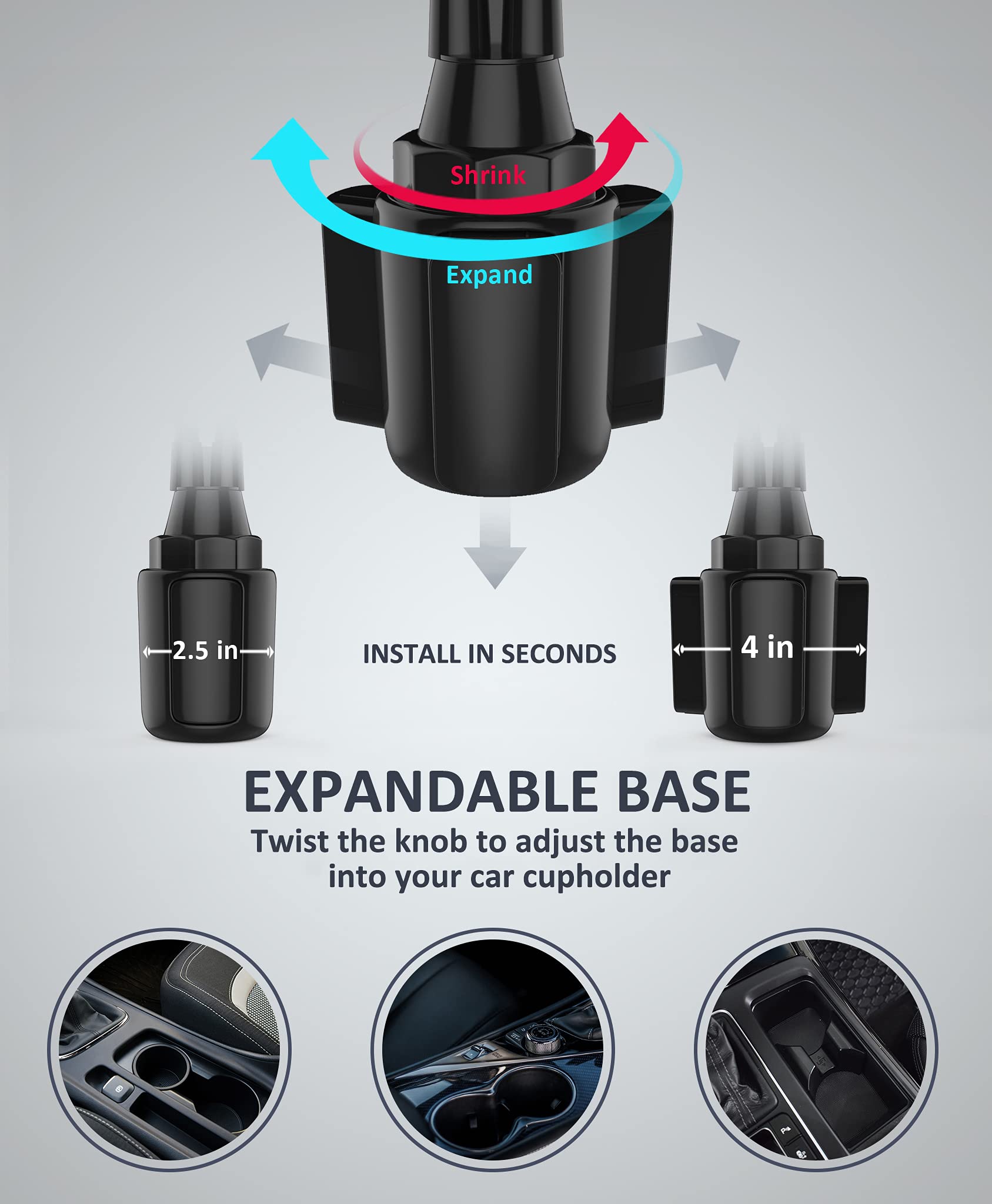Dual Car Cup Holder Phone Mount - 360° Rotatable & Adjustable Long Flexible Neck - Universal Fit for 2 Phones (iPhone, Samsung, GPS) - Perfect for Road Trips, Uber/Lyft Drivers & Hands-Free Navigation