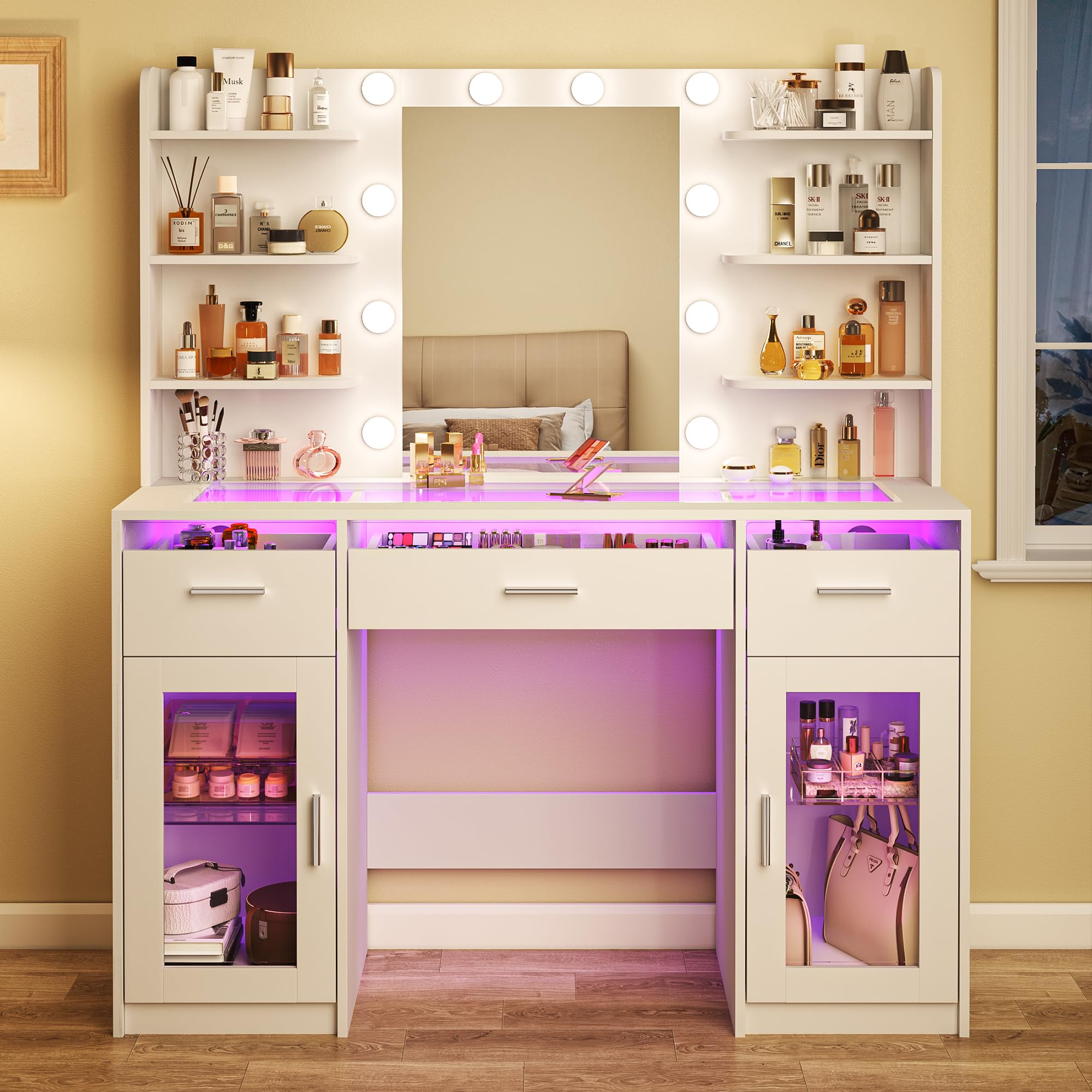 HUAHUUU Vanity Desk with Mirror & LED Lights - White Makeup Dressing Table, 3-Color RGB Drawers, Transparent Top, 6 Shelves, 2 Tempered Glass Cabinets, Built-in Power Outlet - Perfect for Bedroom, Dorm Room & Beauty Salon Makeup Station