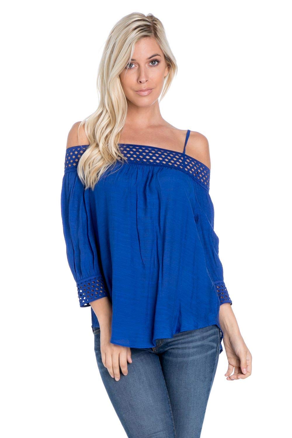 Vantarsi Women's Crochet Trim 3/4 Sleeve Peasant Blouse - Boho Chic Floral Embroidered Tunic Top for Casual Outings & Summer Vacations