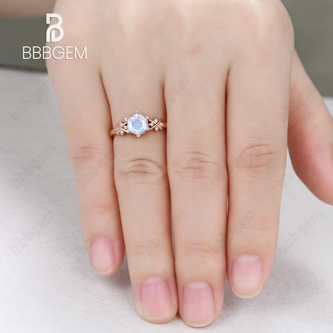 Art Deco Hexagon Moonstone Engagement Ring - Rose Gold Solid Vintage Wedding Band for Women, Perfect for Bridal, Anniversary, and Boho Jewelry Lovers