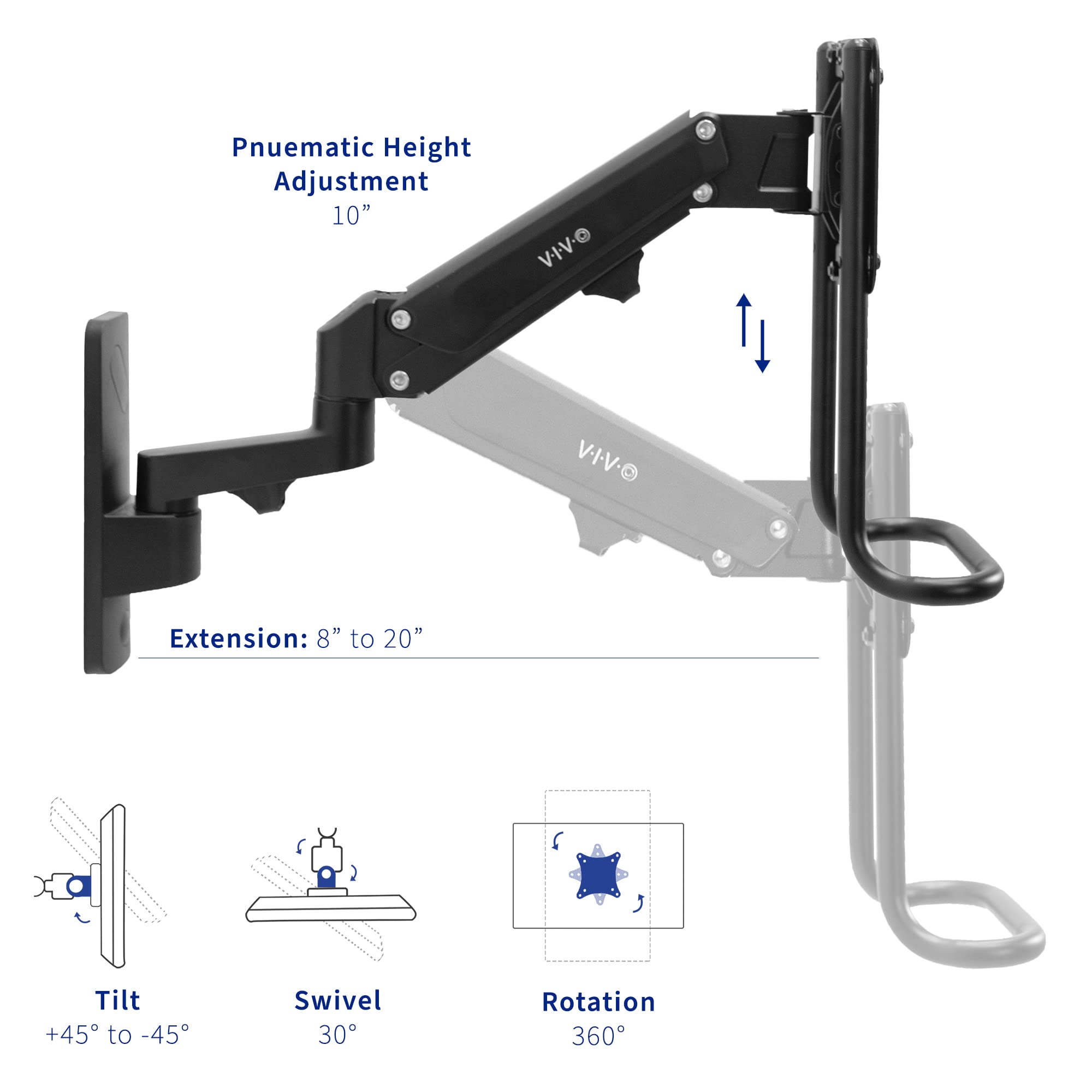VIVO Premium Aluminum Single/Dual Monitor Wall Mount - Adjustable Pneumatic Arm for 2 Screens up to 27