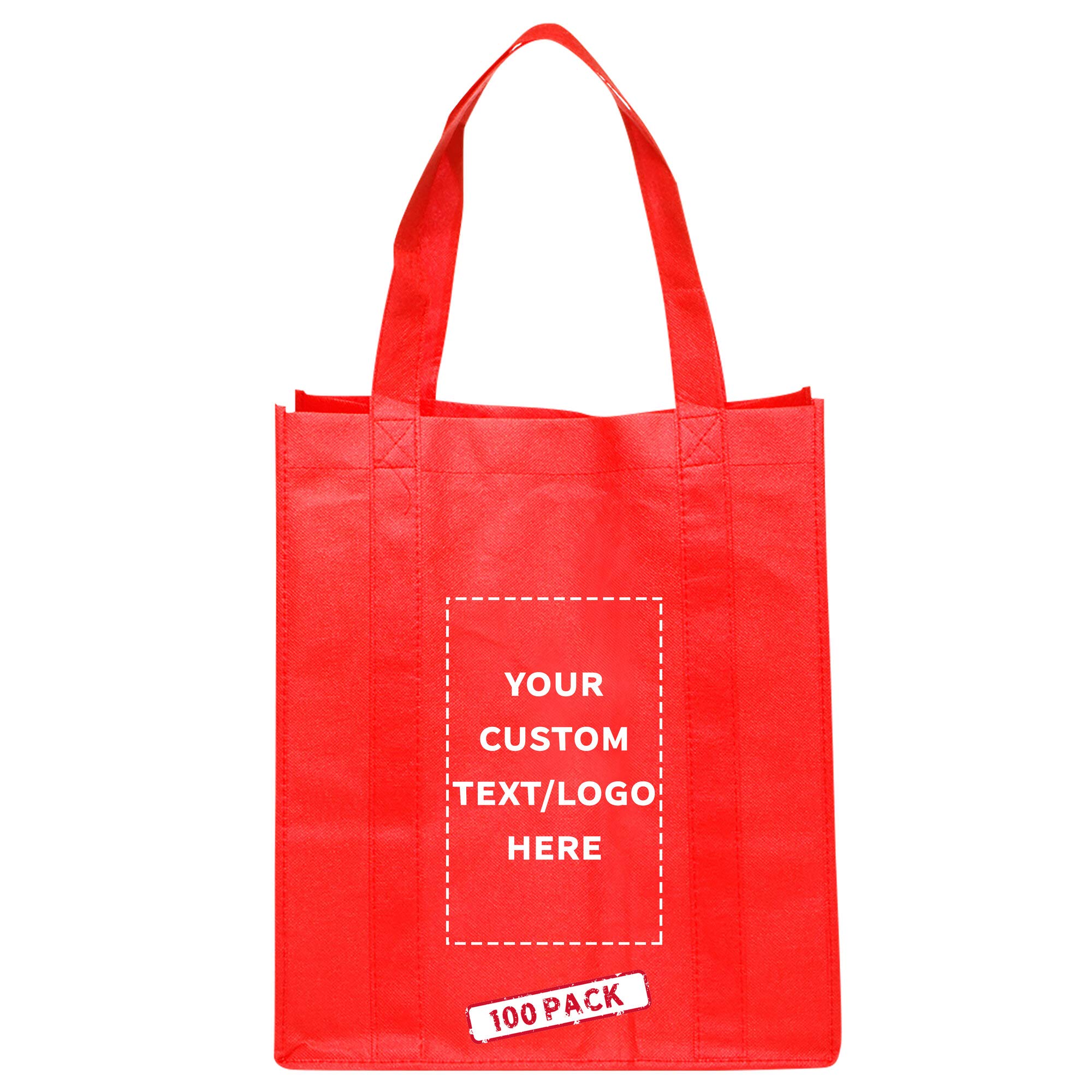 100 Pack Custom Reusable Grocery Tote Bags with Personalized Logo & Text - Heavy Duty Cloth Shopping Bags with Large Handles (Red) - Perfect for Supermarkets, Farmers Markets & Eco-Friendly Shopping