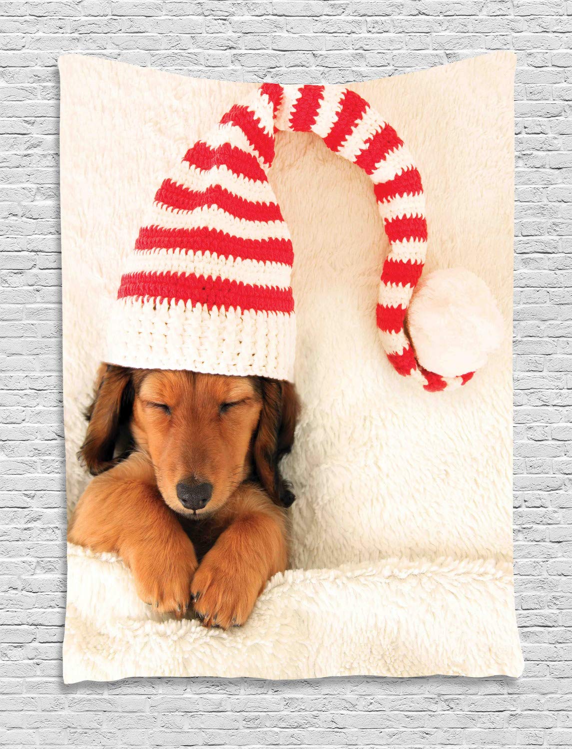 Ambesonne Dachshund Tapestry Wall Hanging - Sleeping Puppy in Christmas Elf Hat Decor for Bedroom, Living Room & Dorm - 40x60 Inches Ivory Cinnamon - Perfect for Holiday Decorations & Cozy Home Ambiance