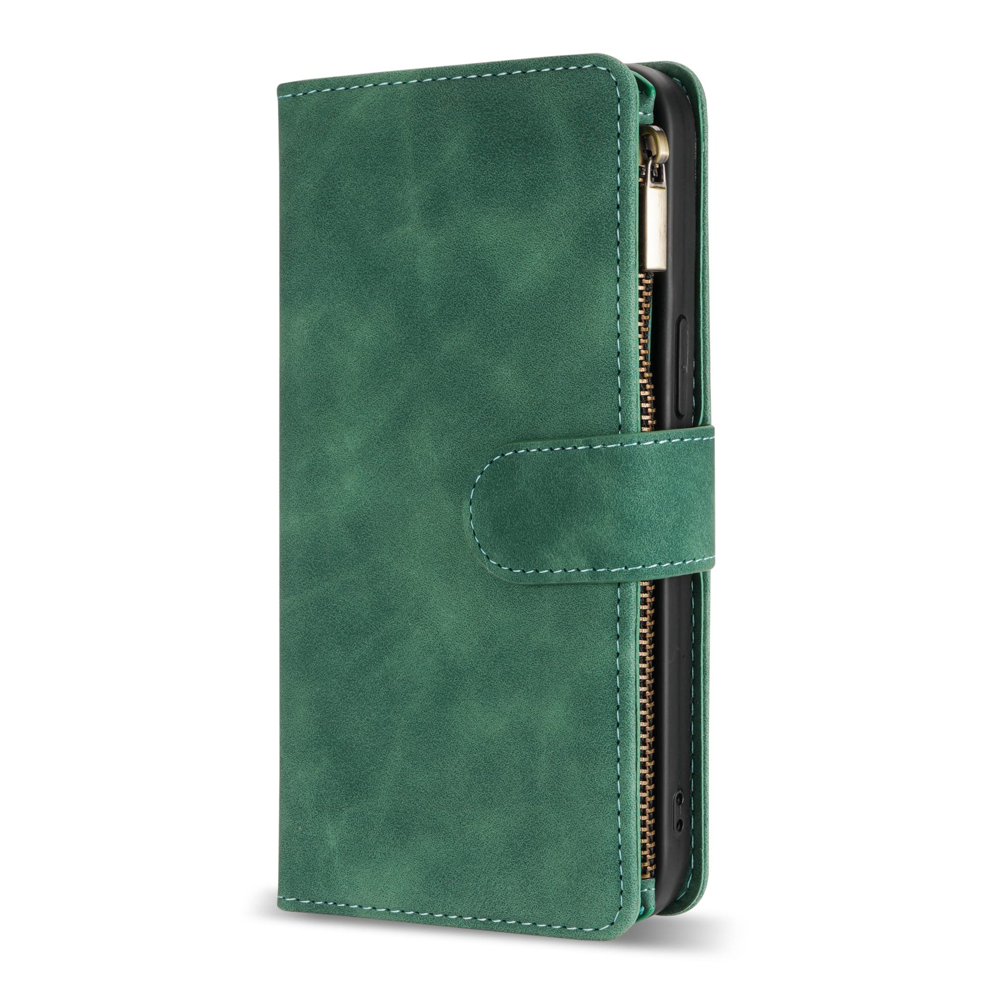 Premium Soft PU Leather Zipper Flip Folio Wallet Case for iPhone 12 Pro Max (6.7 inch) - Card Slots, Wrist Strap & Kickstand | Slim Protective Cover for Daily Use, Travel & Business (Green)