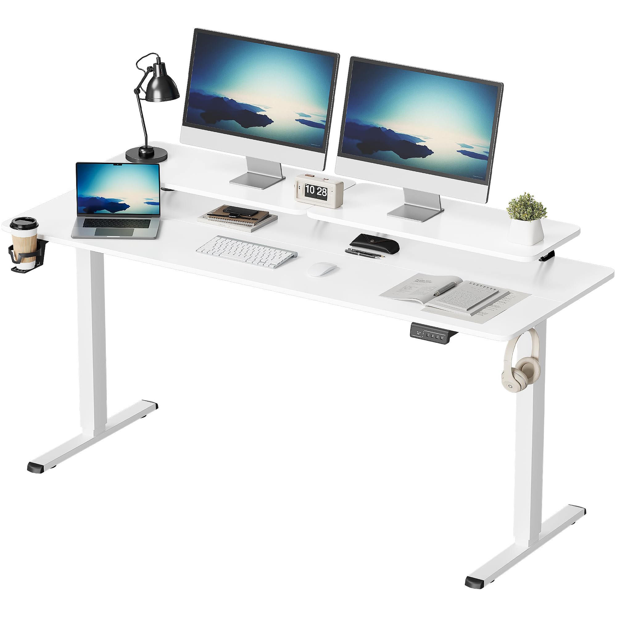 Furmax 63 x 24 Inches Electric Height Adjustable Standing Desk with Monitor & Laptop Workstation - White Sit Stand Desk with Cable Management Holes, Cup Holder & Hook - Perfect for Home Office, Gaming Setup & Remote Work
