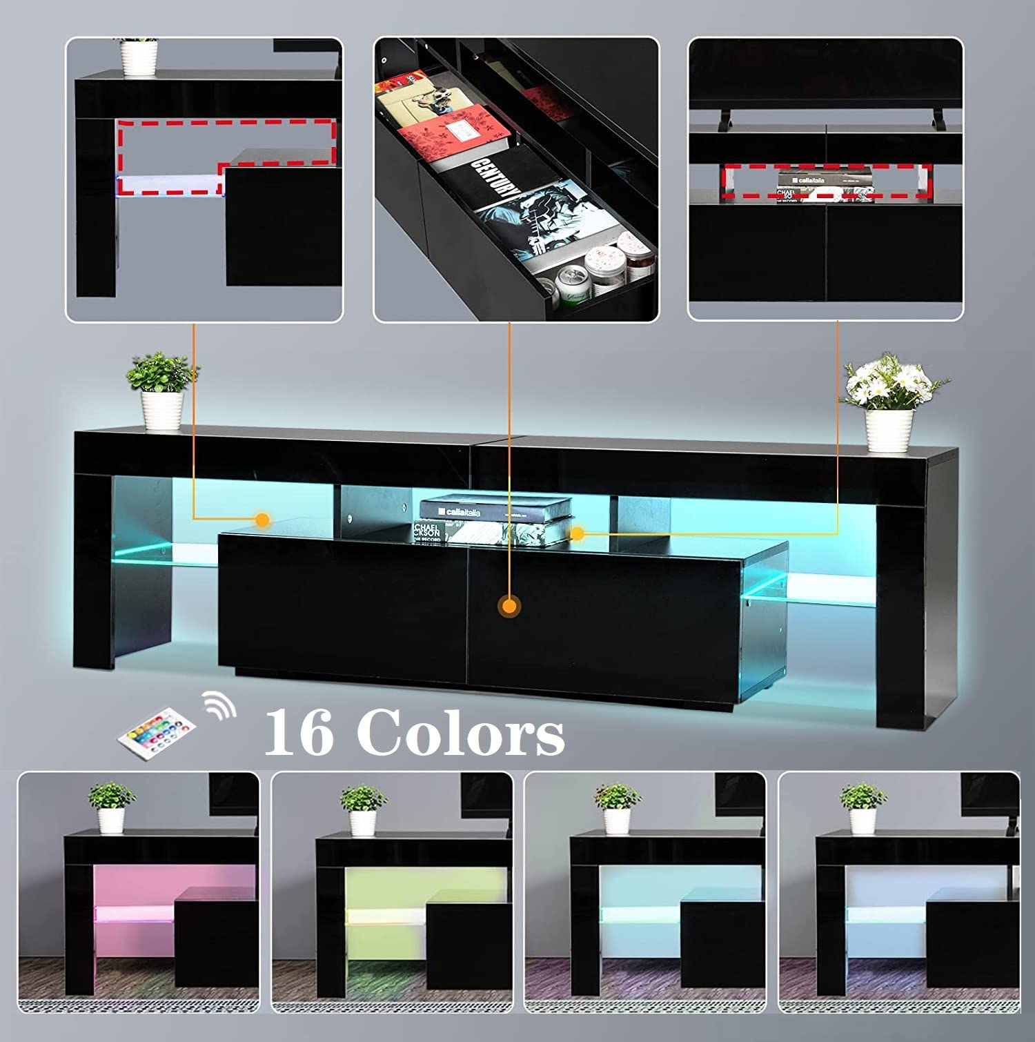 60-75 Inch Black High Gloss Wood TV Stand with LED Lights - Modern Entertainment Center with Large Drawers & Glass Display Shelf - Perfect for Living Room, Bedroom Gaming & Media Storage