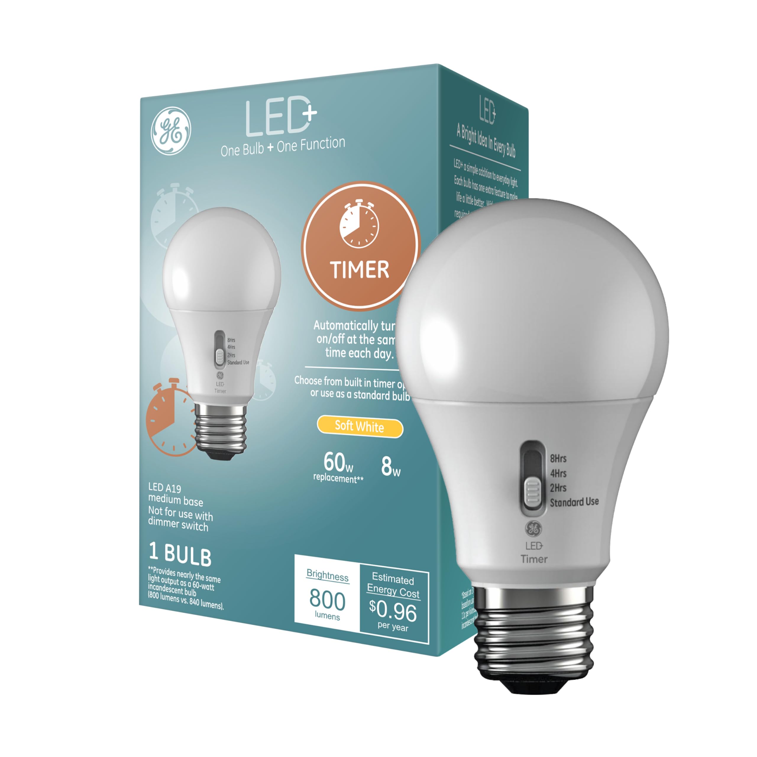 GE LED+ Timer A19 LED Light Bulbs with Built-in Automatic Timer - 8W Soft White (2700K) - Energy Efficient Indoor Lighting for Bedrooms, Porches & Closets (1-Pack)