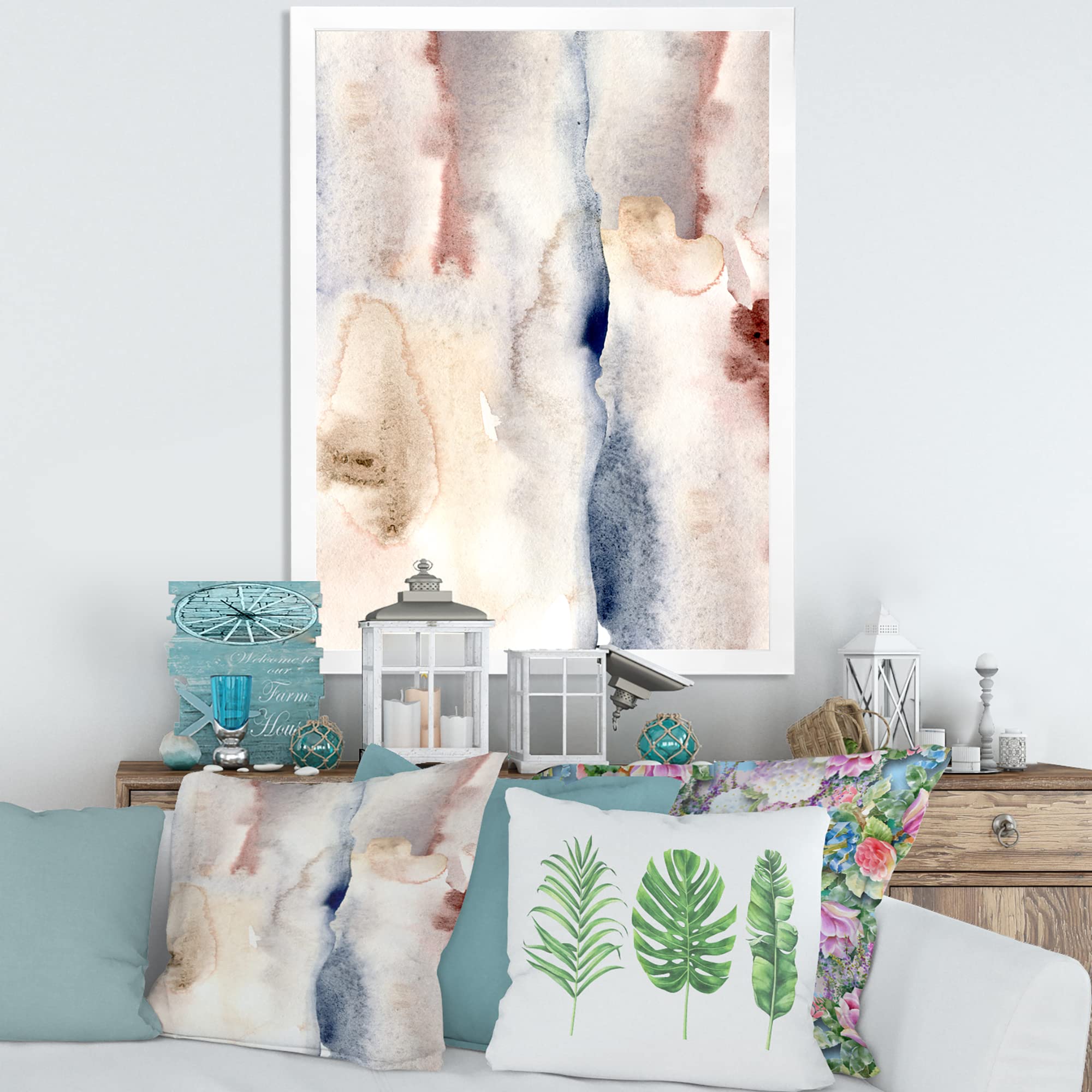 Pastel Abstract Wall Art with Dark Blue, Pink & Gray Spots - Modern Framed Canvas Painting for Living Room, Bedroom & Office Decor