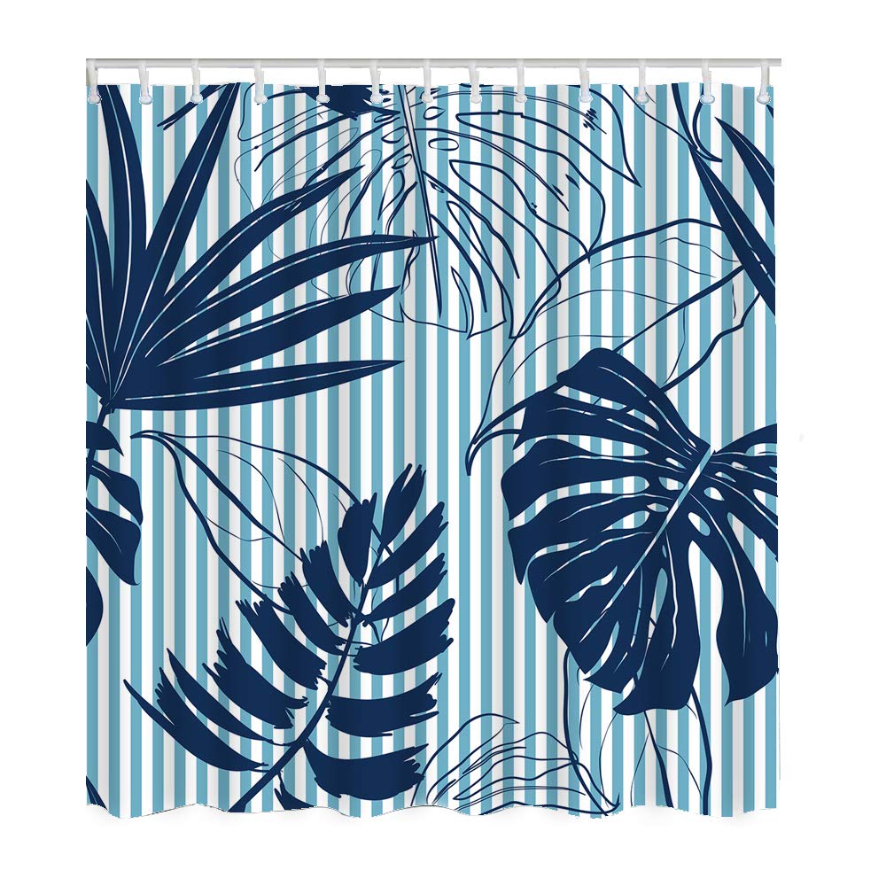 Premium Palm Leaf Shower Curtain Set - Navy Blue Tropical Leaves on White Stripes, 72x90 Inch Waterproof Polyester Fabric with Hooks - Bathroom Decor for Beach House, Coastal & Boho Style Homes