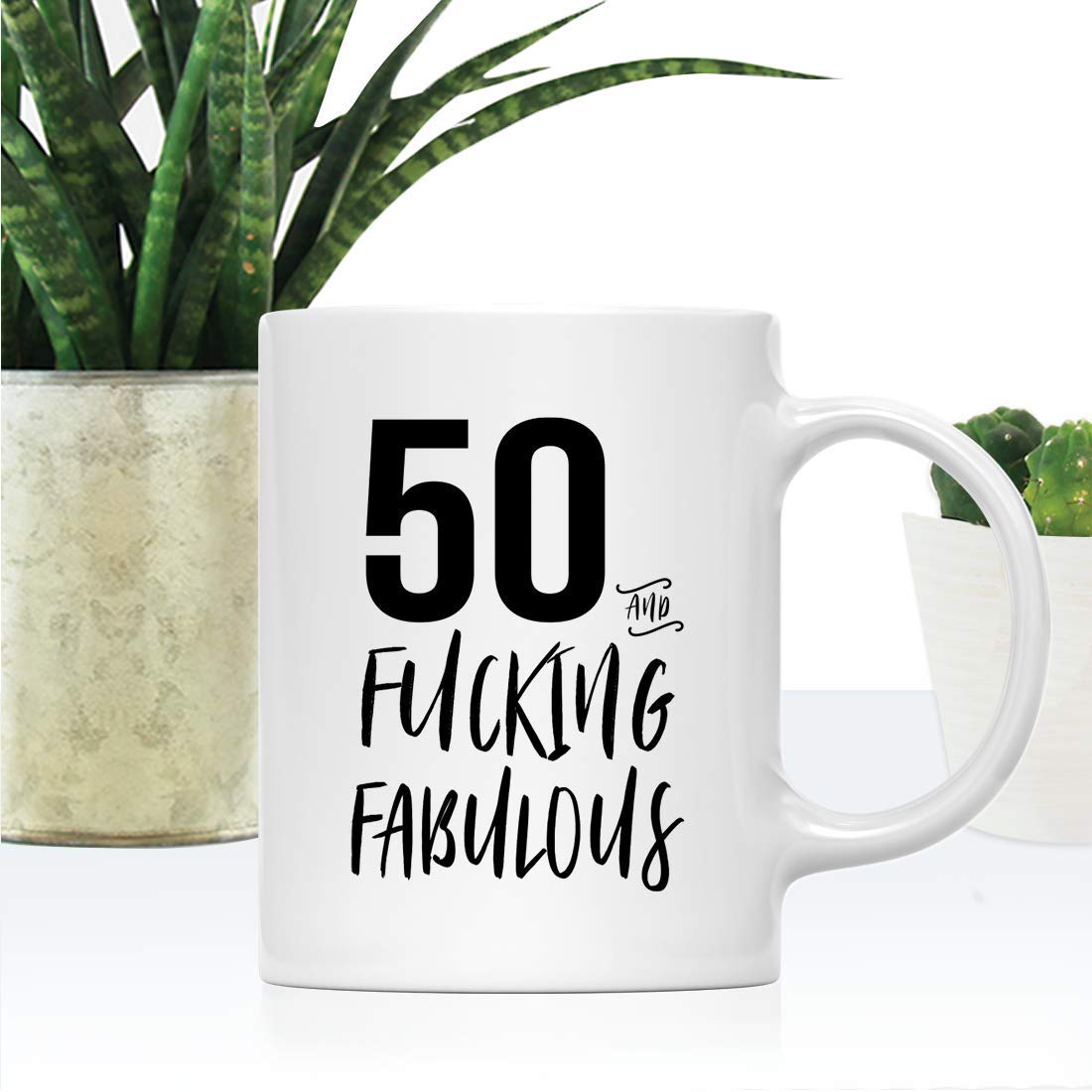 50 and Fabulous Funny Coffee Mug - 11oz Ceramic Tea Cup with Sarcastic Birthday Quote - Perfect 50th Birthday Gag Gift for Women & Men - Great for Office, Home Use or Retirement Party Decoration